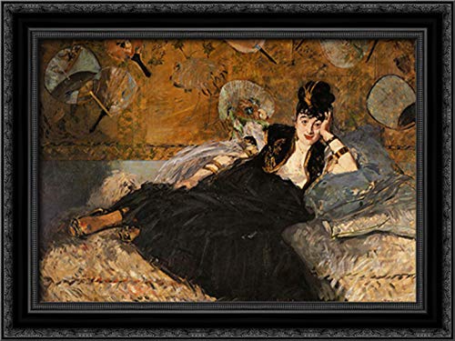 Edouard Manet The Lady with Fans Portrait of Nina de Callias - 24x18 Inch Black Ornate Wood Framed Canvas Art - Perfect for Living Room, Bedroom & Office Wall Decor