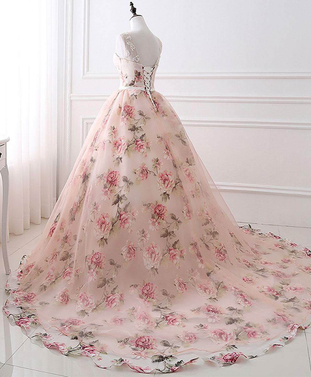 Elegant Pink Round Neck Tulle Lace Long Prom Dress - Formal Evening Gown for Homecoming, Wedding, and Special Occasions