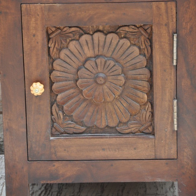 Hand Carved Solid Wood Nightstand with Drawer - Rustic Brown Bedside Table for Bedroom, Living Room & Home Decor - Perfect for Storage & Organization