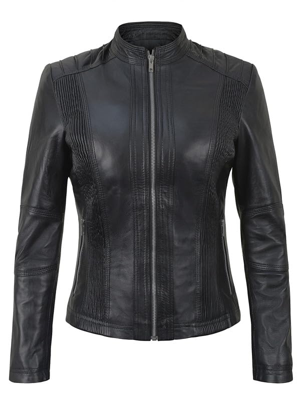 SpazeUp Women's Black Asymmetrical Genuine Leather Motorcycle Jacket - Stylish Cafe Racer Biker Jacket for Women | Perfect for Riding, Night Out & Street Fashion
