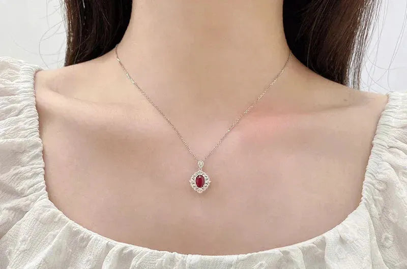 18K White Gold Luxury Necklace with Natural Ruby & Real Diamonds - Elegant Shiny Gemstone Jewelry for Women - Perfect for Weddings, Parties & Special Occasions