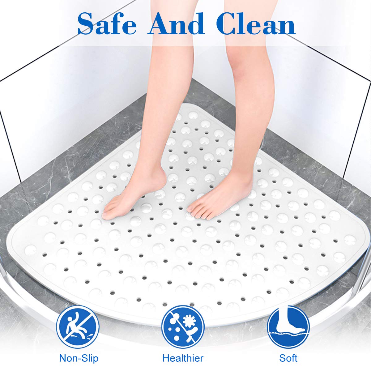 Non-Slip Rubber Shower Mat - 54 x 54cm Anti-Mold Quadrant Bath Mat with Drain Holes for Safety | Perfect for Shower, Bathtub & Bathroom Floor (White)