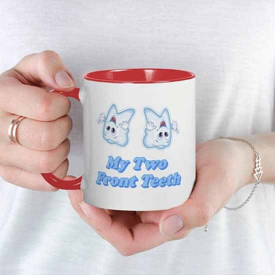 CafePress My Two Front Teeth 11 oz (325 ml) Ceramic Coffee Mug - Funny Christmas Gift for Dentists, Holiday Office Party, White Elephant Exchange