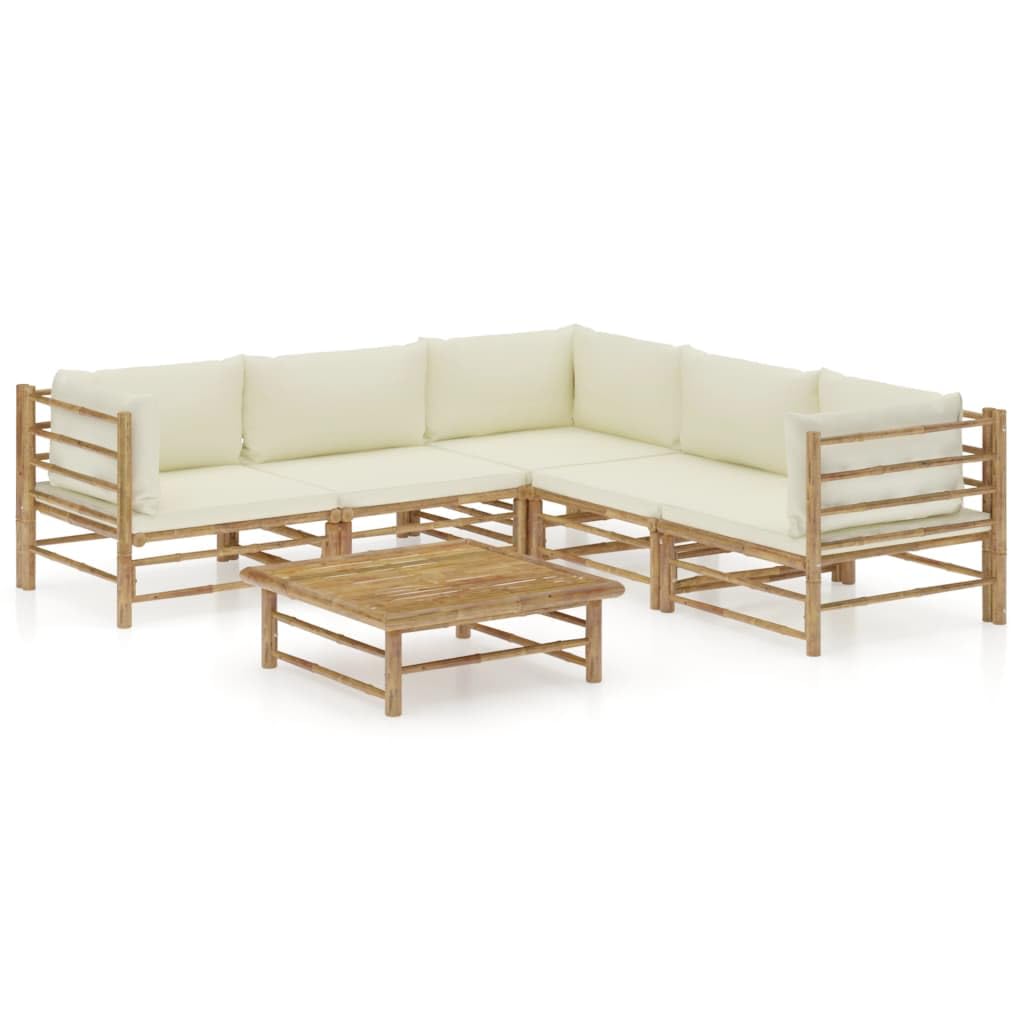 vidaXL 6-Piece Bamboo Patio Lounge Set - Scandinavian Style Eco-Friendly Outdoor Furniture with Cream White Cushions - Easy Assembly & Washable Covers - Perfect for Backyard, Garden, Poolside & Patio Relaxation