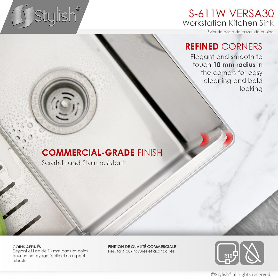 VERSA30 S 611W 30-Inch Undermount Stainless Steel Kitchen Sink - Single Bowl Workstation with Drainboard & Accessories - Perfect for Modern Kitchens, Restaurants & Food Prep Areas