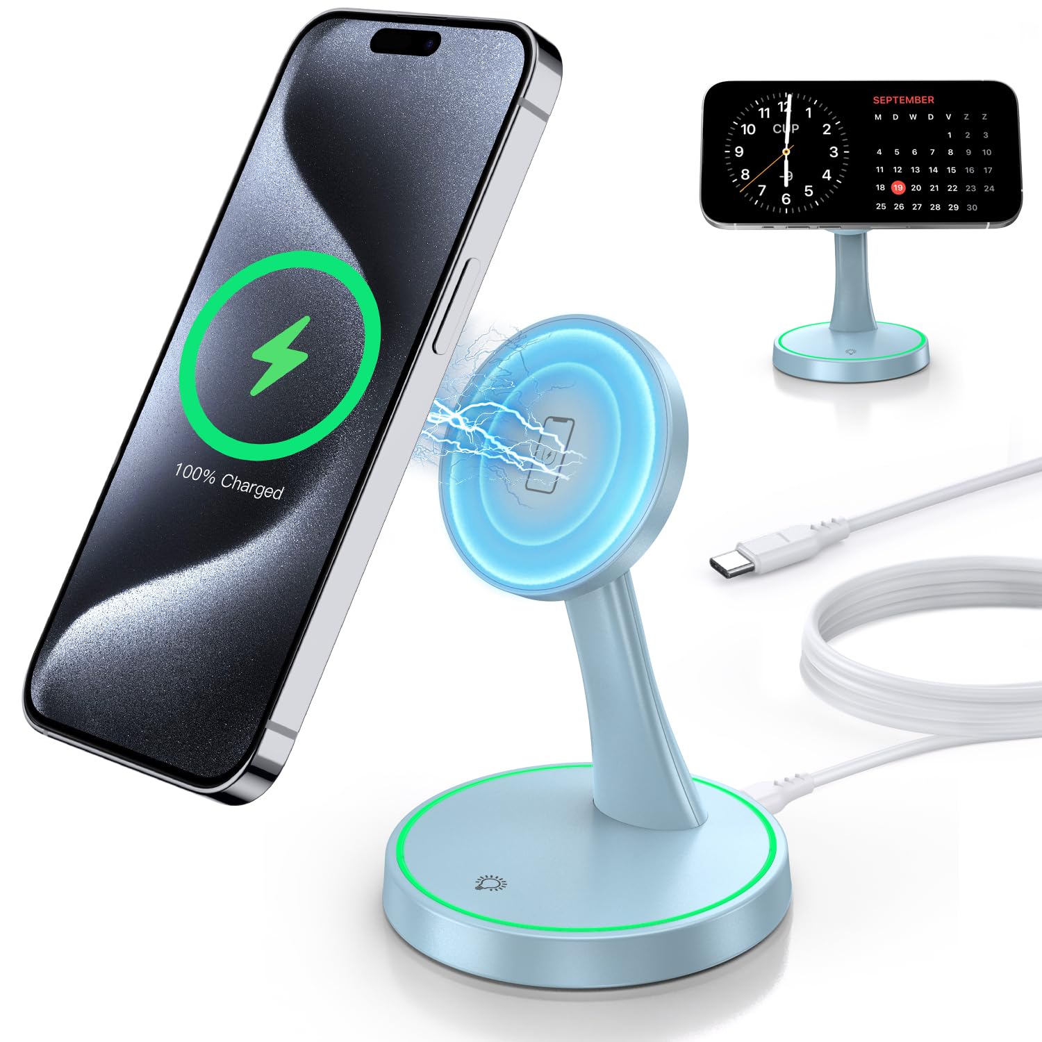 15W Fast Magnetic Wireless Charger Stand - MagSafe Compatible for iPhone 16/16 Pro/16 Plus/16 Pro Max/15/14/13/12 Series & AirPods - Sleep-Friendly Night Light Charging Station - Perfect for Bedside, Office Desk, and Car Use