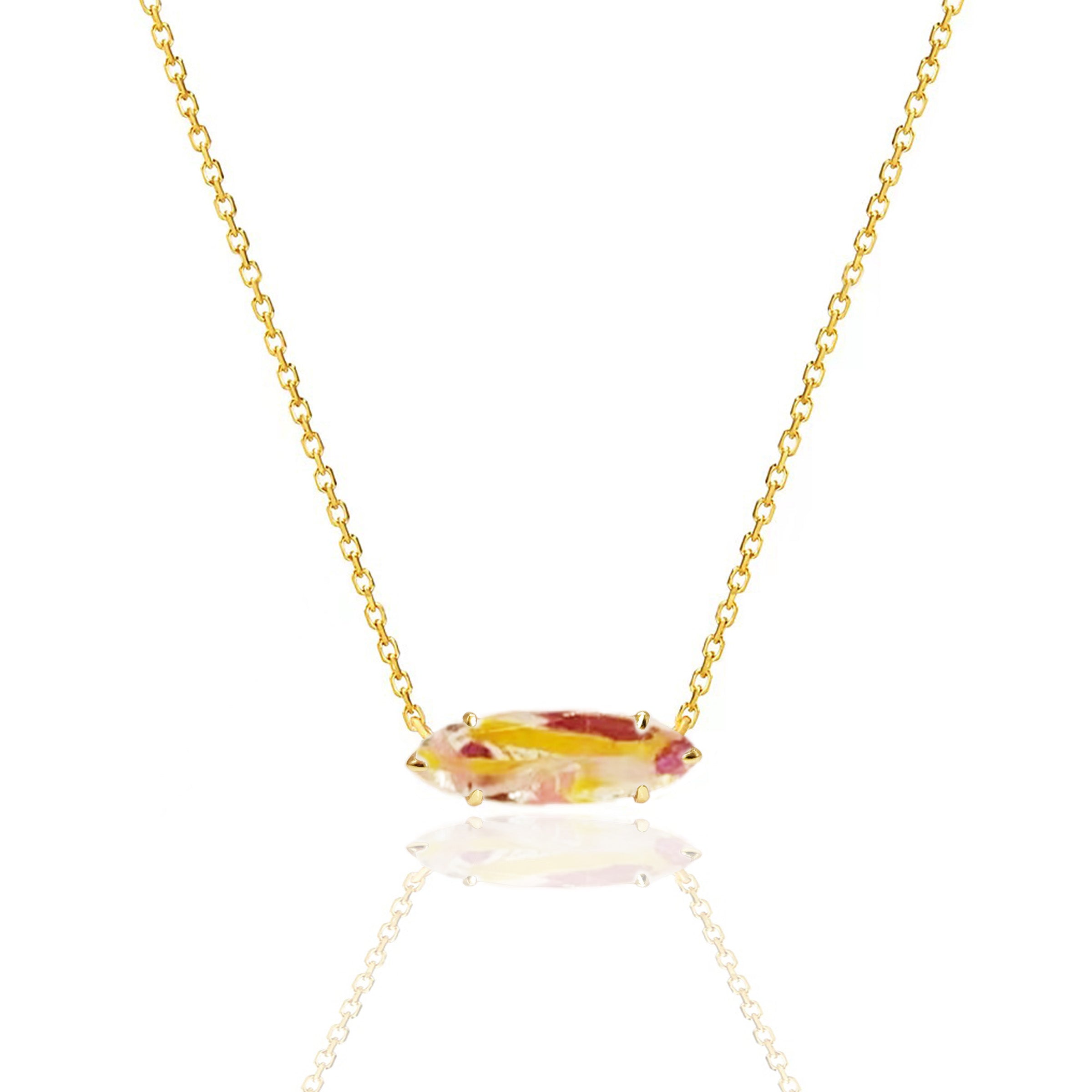 Solid Gold Marquise Necklace with Dried Wedding or Funeral Flowers - Elegant Memorial Jewelry for Special Occasions & Keepsake Gifting