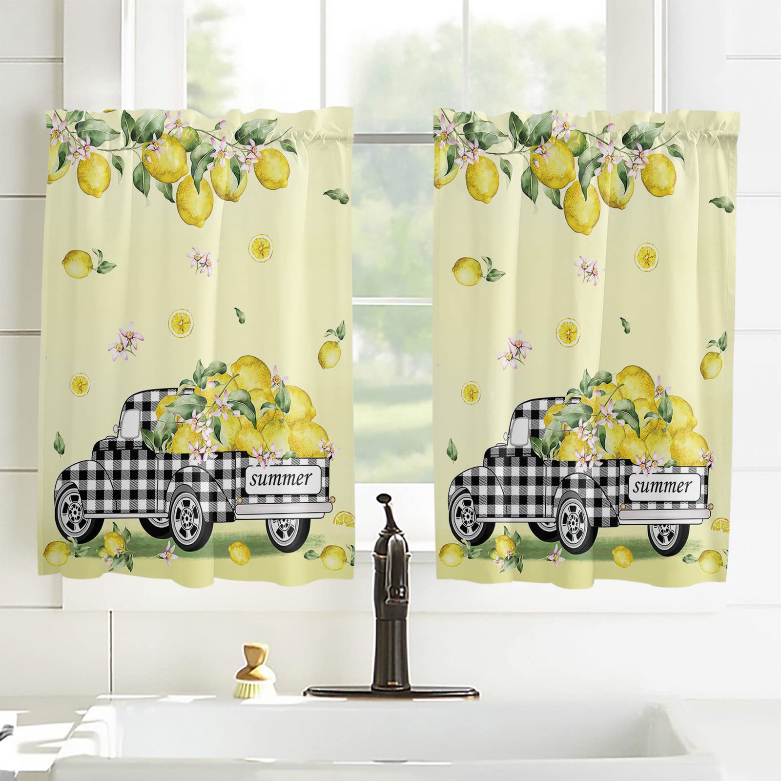 54 Inch Semi-Sheer Lemon Print Window Curtains - Rod Pocket Drapes for Bedroom, Living Room & Bathroom (Set of 2 Panels, 52