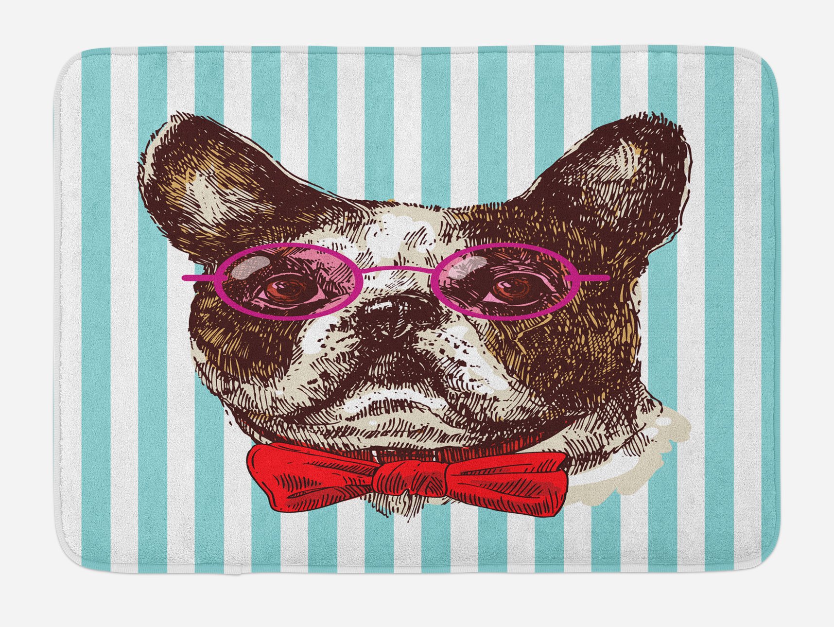 Ambesonne German Bath Mat - Pop Art Hand Drawn Bulldog Sketch on Striped Background, Funny Animal with Glasses, Non-Slip Plush Bathroom Rug, 30.2 x 20 Inches, Multicolor - Perfect for Bathroom Decor, Guest Rooms & Pet Lovers' Homes