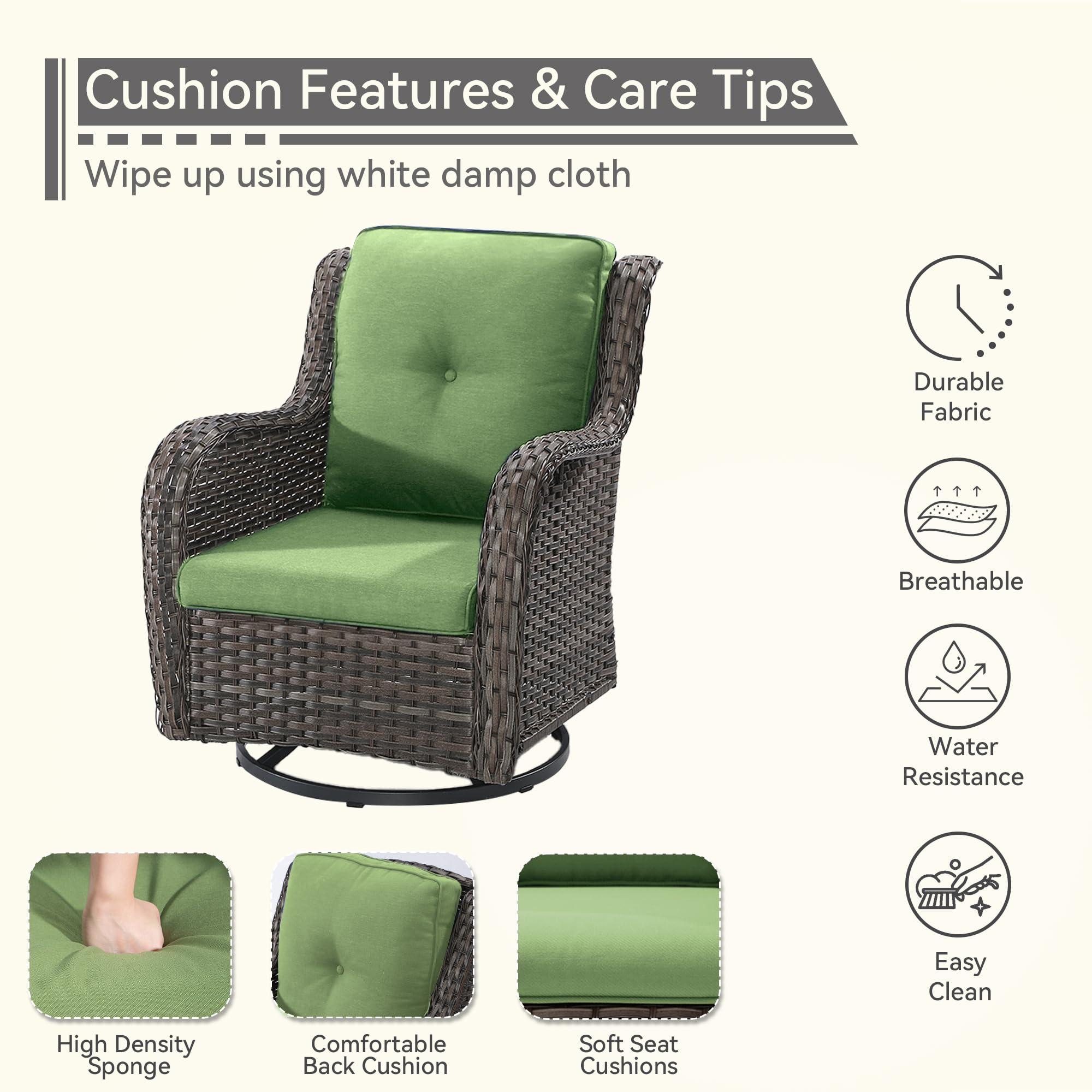 Outdoor Swivel Rocker Patio Chair - Weather-Resistant Wicker Patio Chair with Olefin Fabric Cushions, 360-Degree Rotation, Perfect for Backyard, Deck, Porch, Garden & Poolside Relaxation - Green