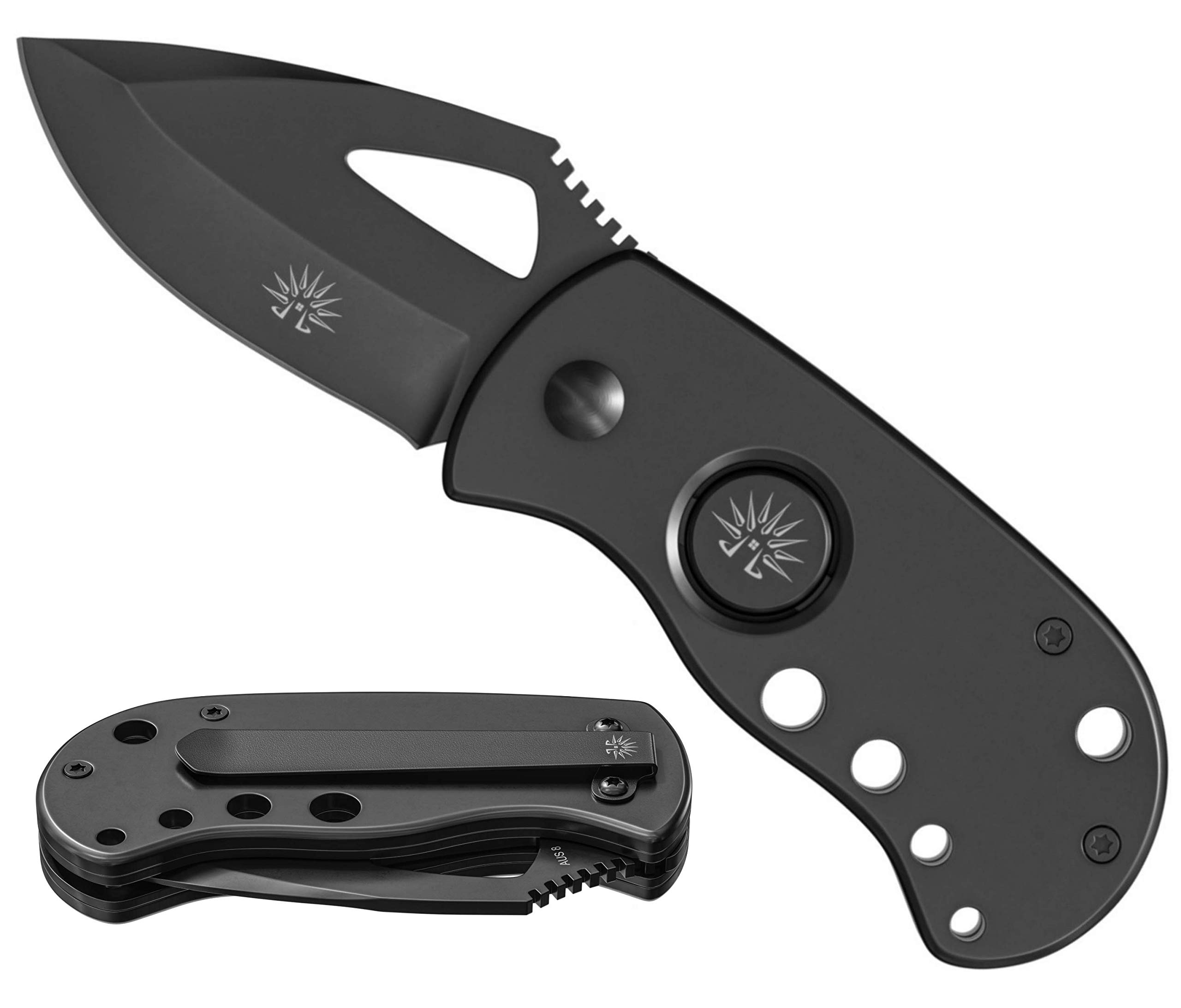 Off-Grid Knives FAT BOY BLACKOUT Tactical Pocket Folding Knife - Compact EDC Utility Knife with Razor Sharp Japanese AUS8 Steel, Deep Carry Clip & Safety Lock - Perfect for Camping, Hiking & Outdoor Survival (Black)