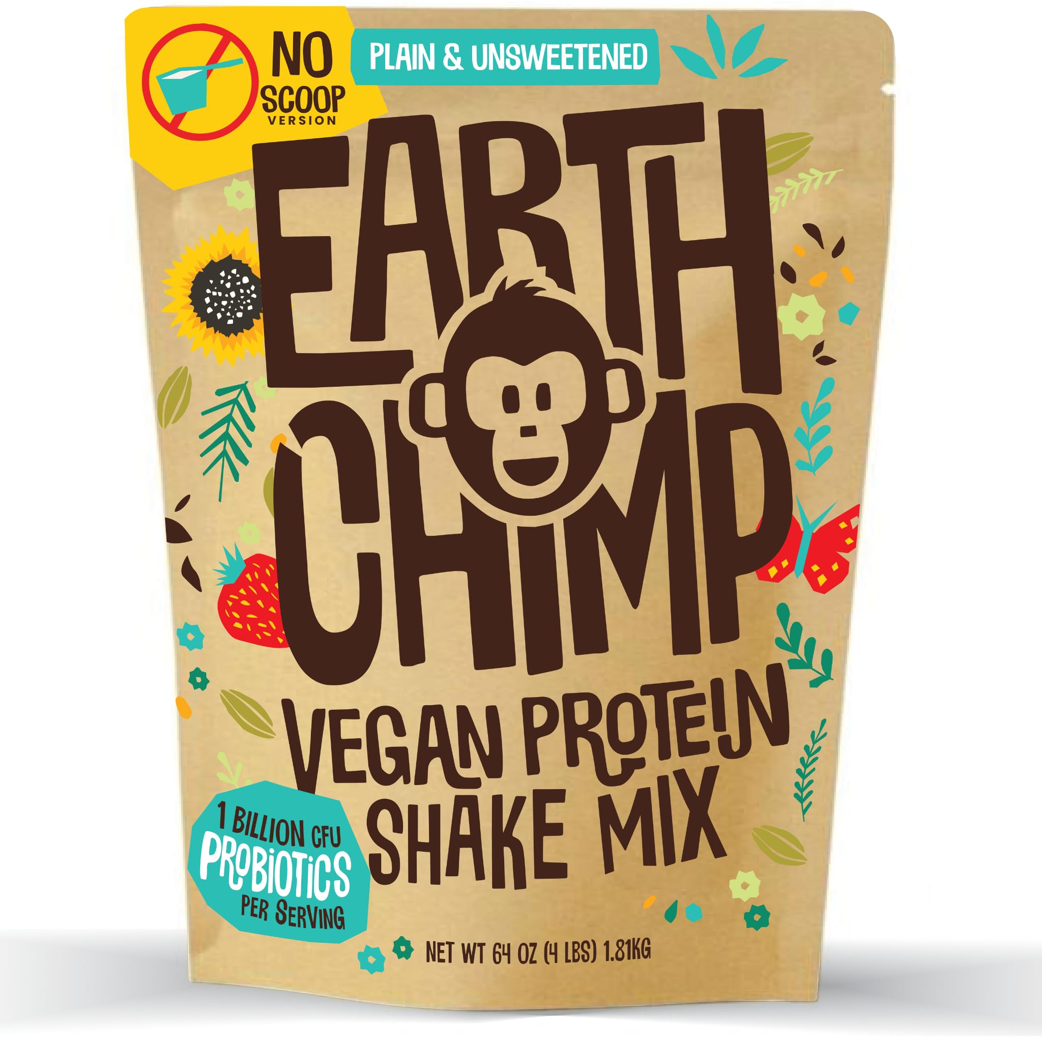 EarthChimp Organic Vegan Protein Powder with Probiotics - Non-GMO, Dairy-Free, Plant-Based Protein for Women & Men - Gluten-Free, Whey-Free - 26 Servings (32oz, Unsweetened) - Perfect for Post-Workout Recovery, Smoothies & Healthy Meal Replacement