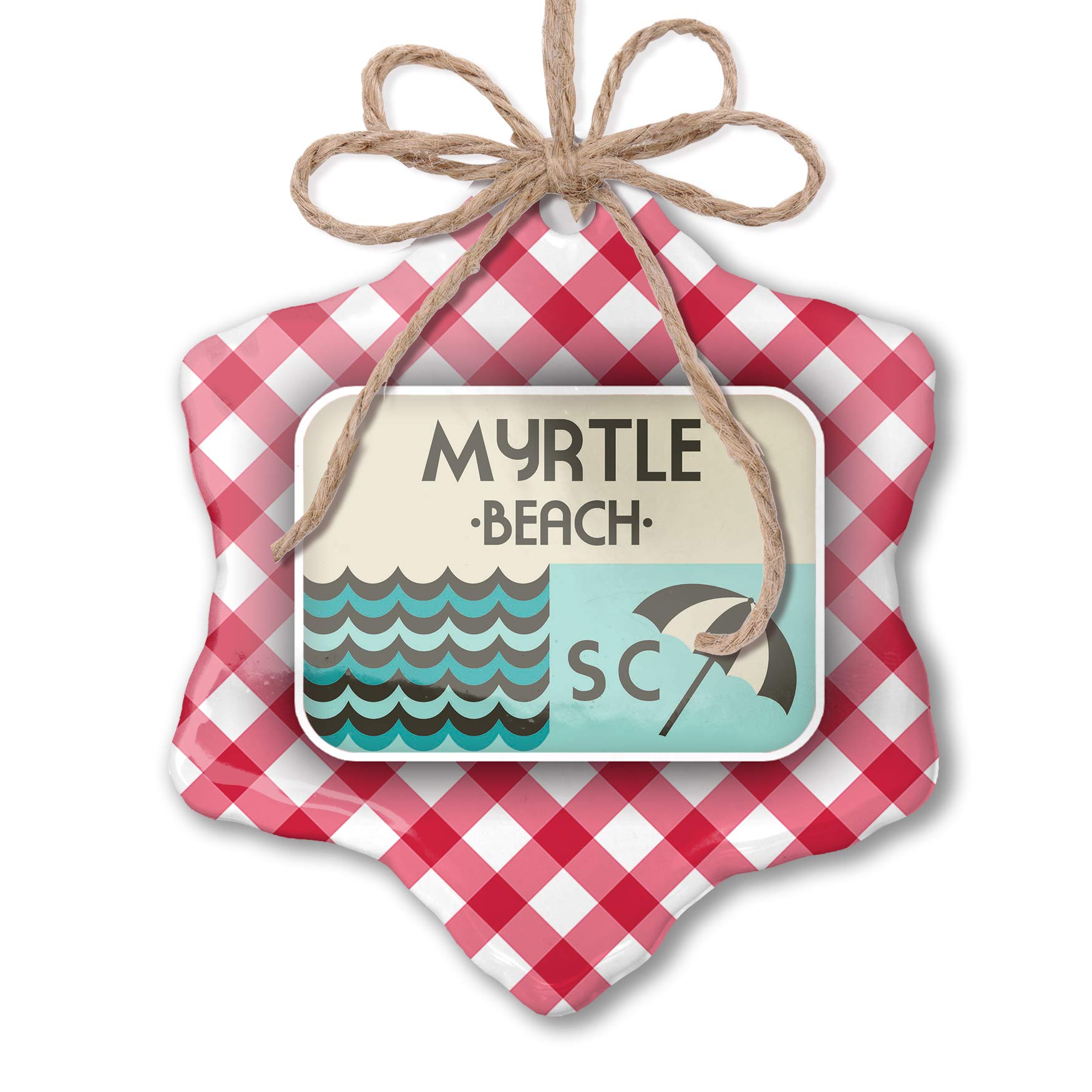 Christmas Ornament - US Beaches Vacation Theme - Myrtle Beach Red Plaid Decor for Holiday Tree & Coastal Home Decor