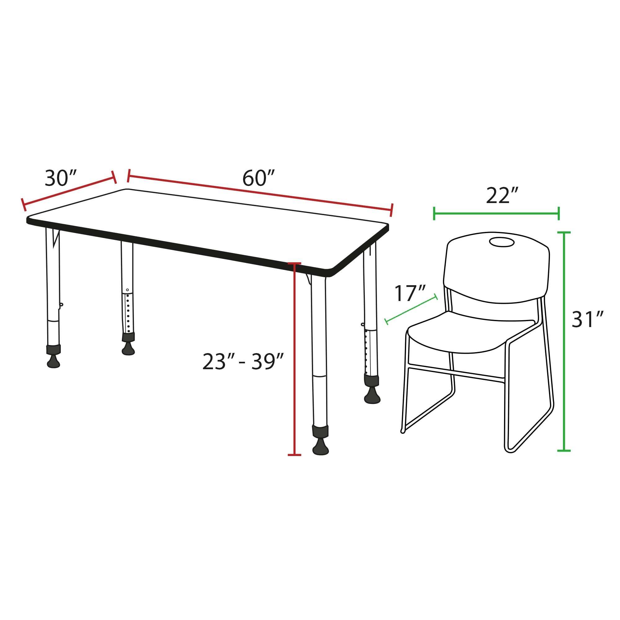 Regency Kee Adjustable Height Classroom Table Set with 2 Zeng Chairs - 60