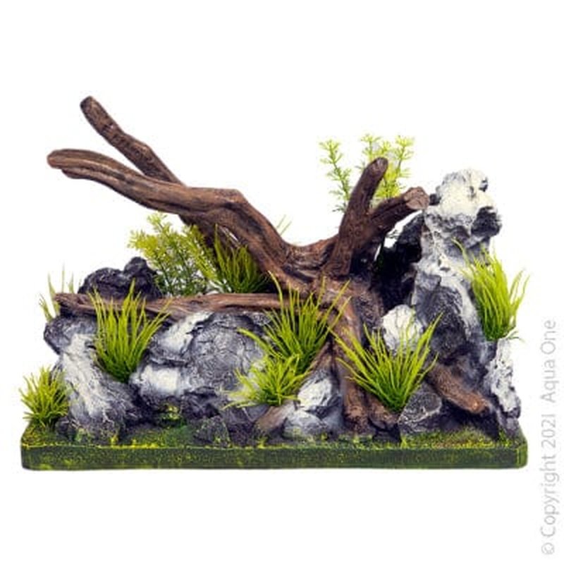 Aqua One Ecoscape Driftwood on Rock Garden - Medium Size 27.5x15x18.6cm - Natural Aquarium Decor for Fish Tank, Terrarium & Reptile Habitat - Perfect for Aquatic Plants and Hiding Spots