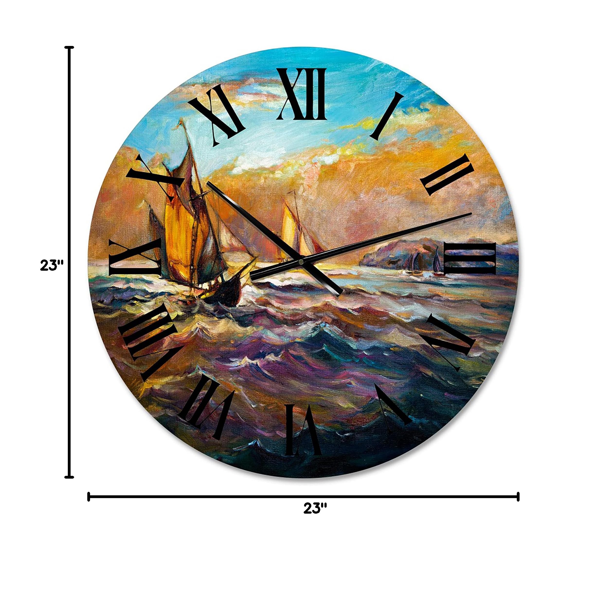 DesignQ Nautical & Coastal Wall Clock - 'Boats On The Ocean During Evening Sunset II' - 12 Inch Round Orange Wall Clock for Kitchen, Living Room, Office & Beach House Decor | Perfect for Coastal & Nautical Themed Interiors