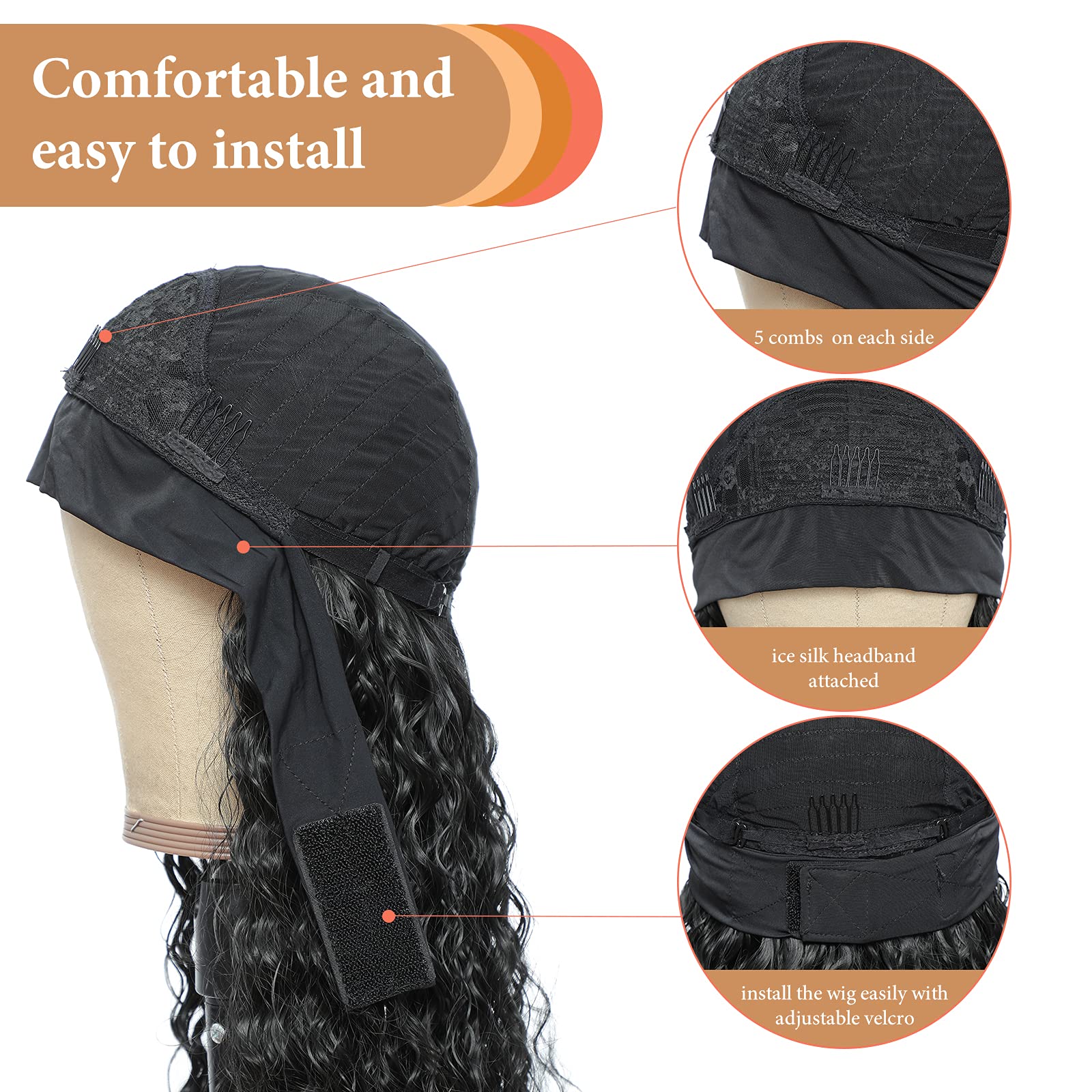 Alicoco 180% Density Water Wave Glueless Synthetic Half Wig with Headband for Women - 22 Inch 1B Color | Perfect for Daily Wear, Cosplay & Special Occasions