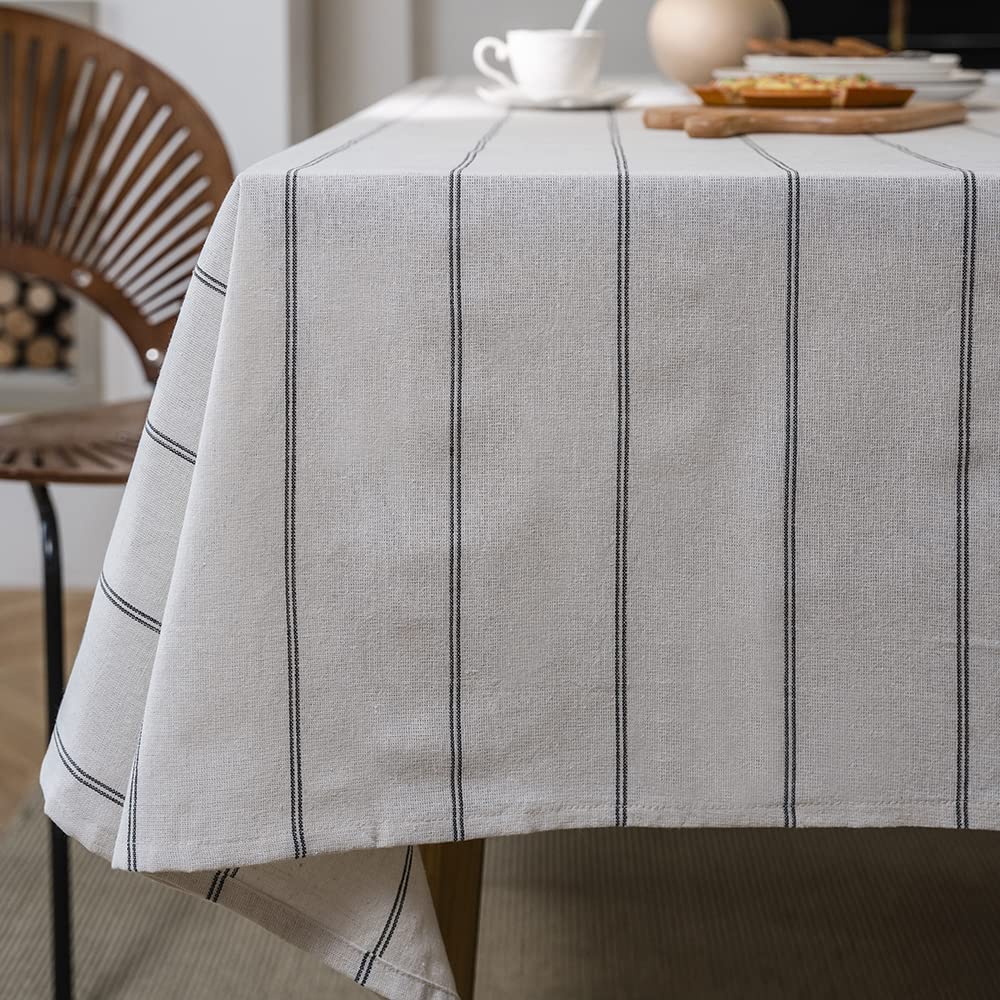 ArtBud Cotton Linen Tablecloth - Heavy Duty Boho Farmhouse Style Washable Table Cover with Burlap Striped Design (55
