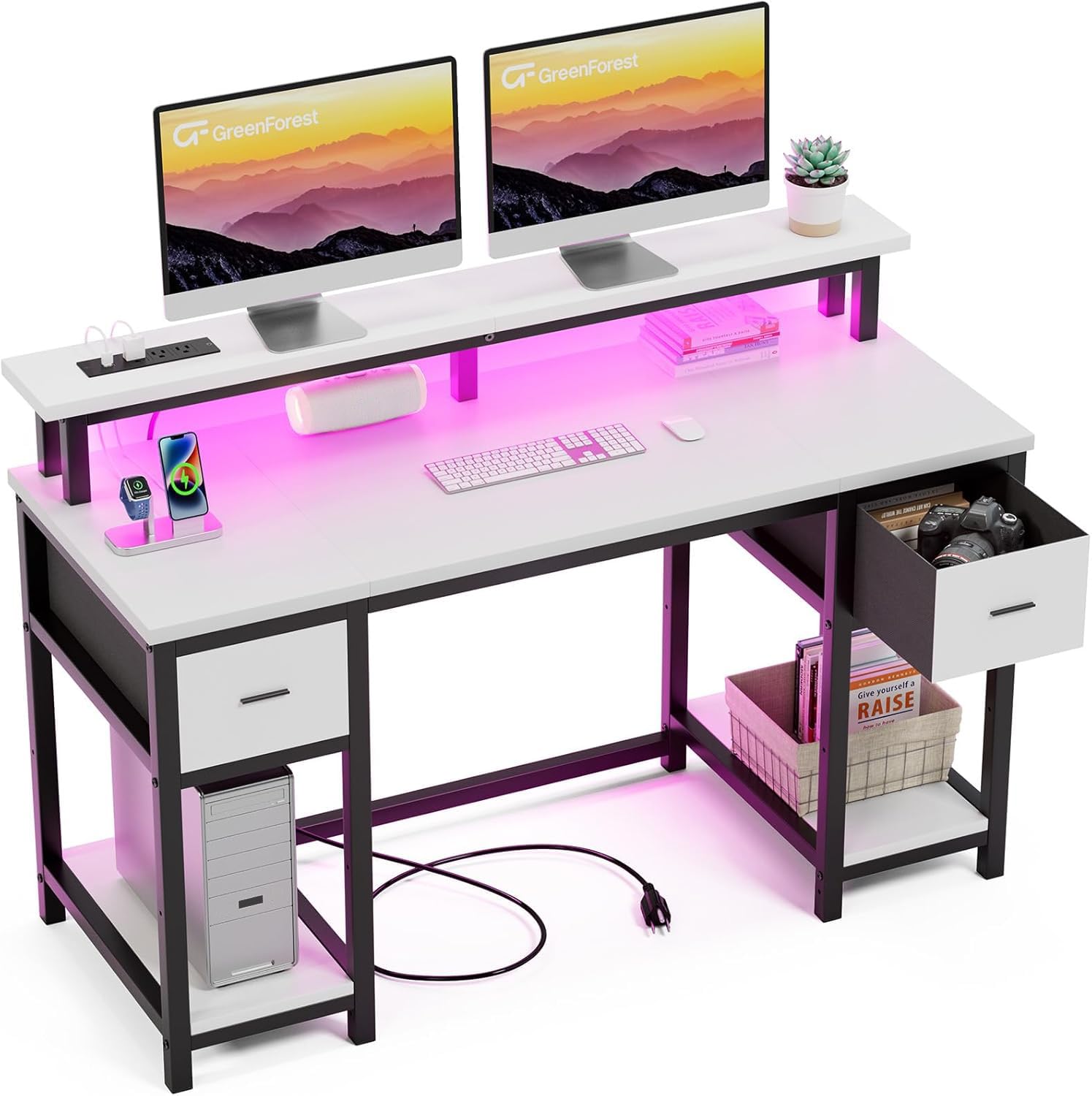 GreenForest 50 Inch Computer Desk with Monitor Stand, LED Lights & Power Outlets - Gaming & Office Desk with 2 Fabric Drawers & Shelves, White - Perfect for Home Office, Gaming Setup & Workspace Organization