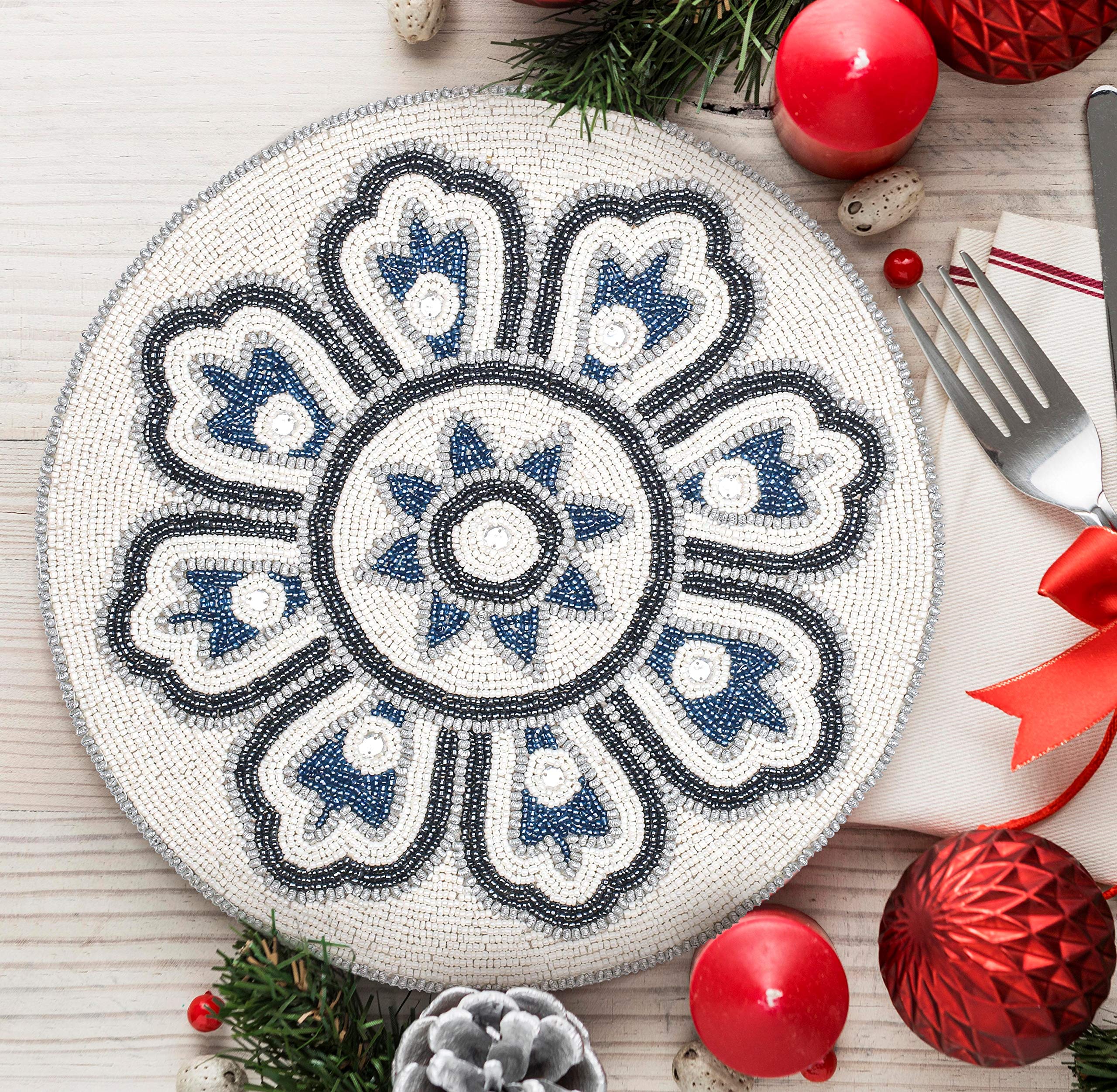 Elegant Beaded Round Placemats - 13 Inch White, Grey & Silver Beaded Charger Placemats for Dining Table | Holiday & Christmas Table Decor | Perfect for Formal Dinners, Parties & Festive Gatherings