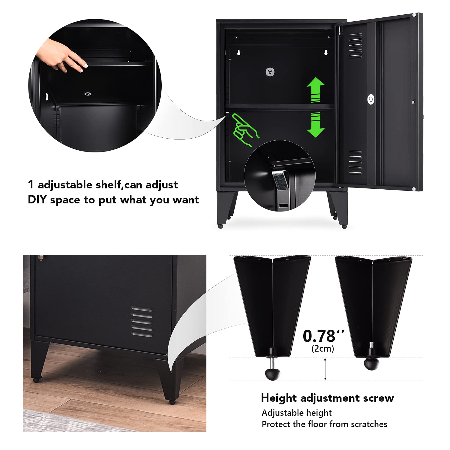 Metal Side Table with Storage - Adjustable Shelf & Feet, Nightstand, End Table, File Cabinet for Home, Office, Garage, School (25 Inch) - Perfect for Small Spaces, Living Room, Bedroom & Dorm Organization