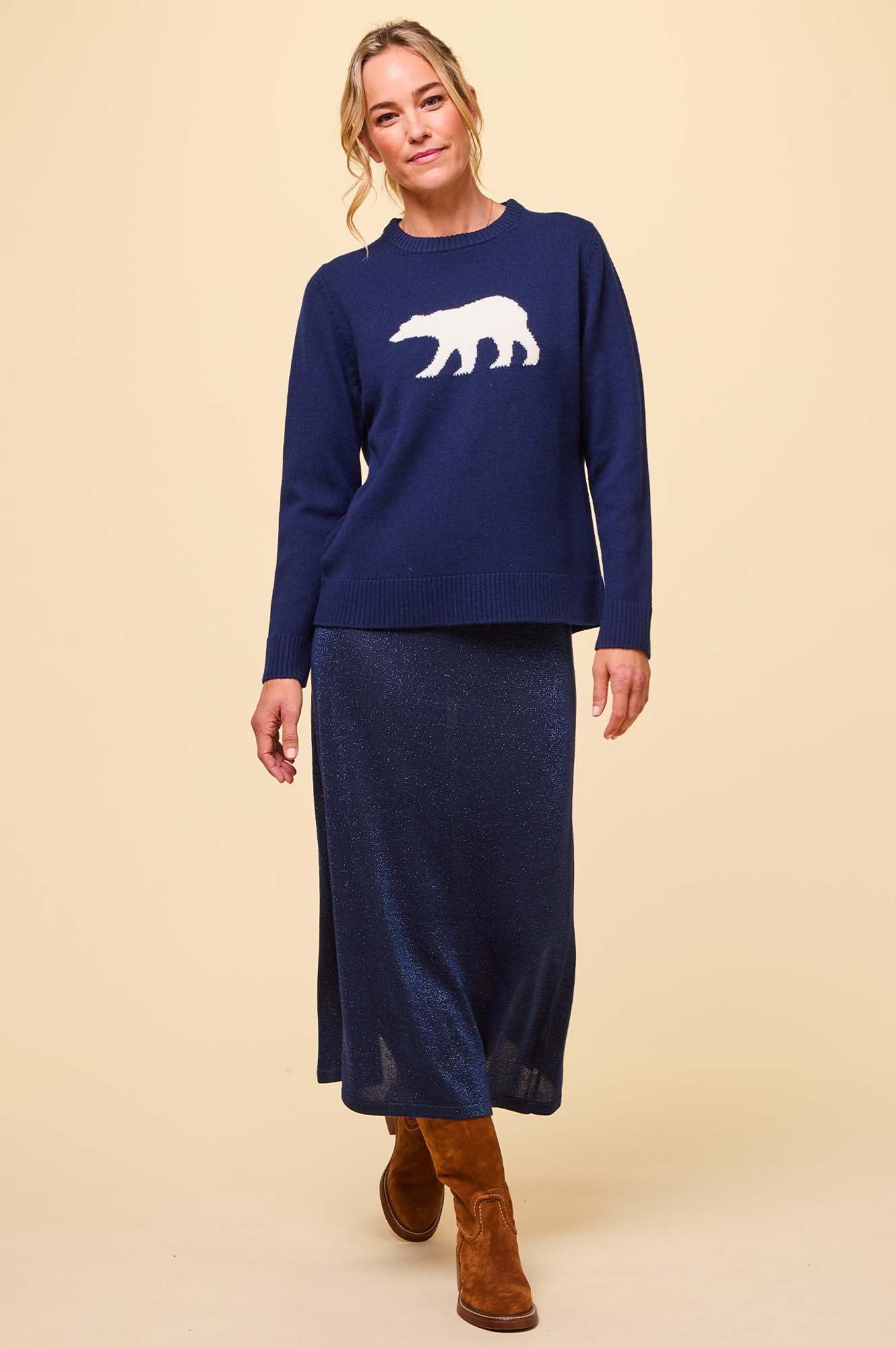 Metallic Knit Skirt for Women - Navy Blue Stretchy Midi Skirt with High Waist | Perfect for Office Wear, Party Outfits & Casual Dates