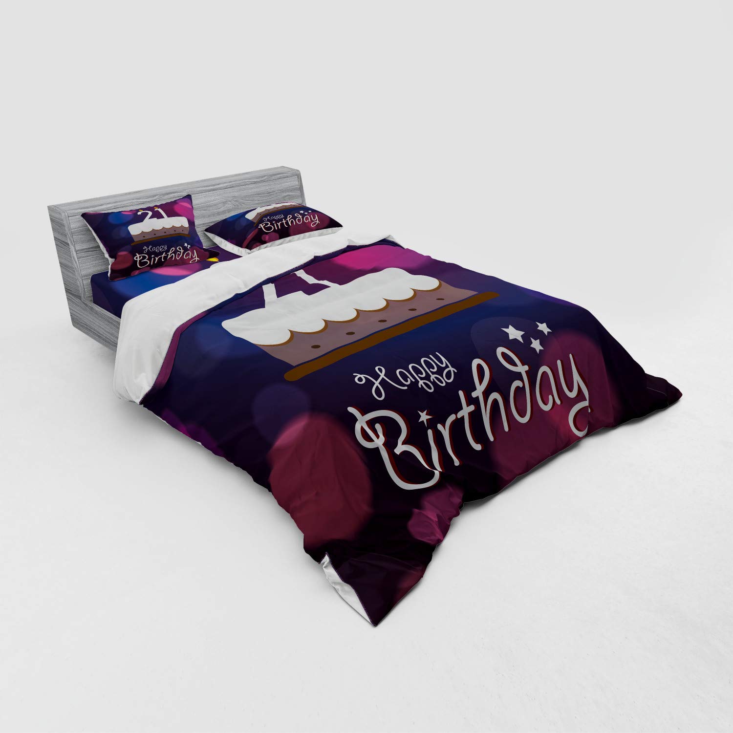 Ambesonne 21st Birthday Duvet Cover Set - Queen Size 4-Piece Bedding with Shams & Fitted Sheet | Abstract Pink Star Design with Birthday Wording in Eggplant Purple | Perfect for Birthday Gifts, College Dorm Decor & Teen Bedroom Makeover