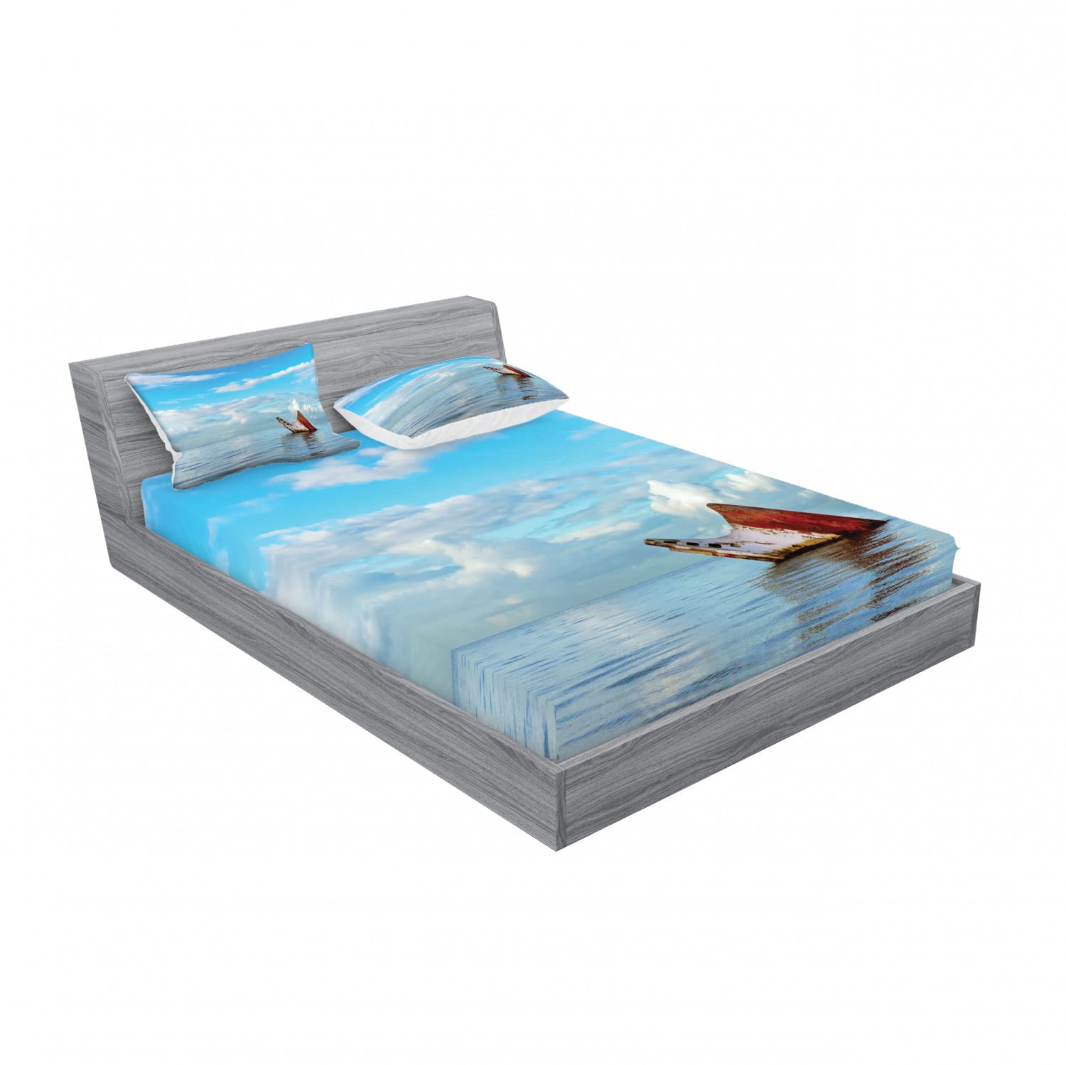 Ambesonne Nautical 2-Pack Full Size Fitted Sheet Set with Pillow Shams - Shipwreck Landscape Design, Blue & White Coastal Bedding (4-Piece Set) - Perfect for Beach House, Guest Room, or Nautical Themed Decor