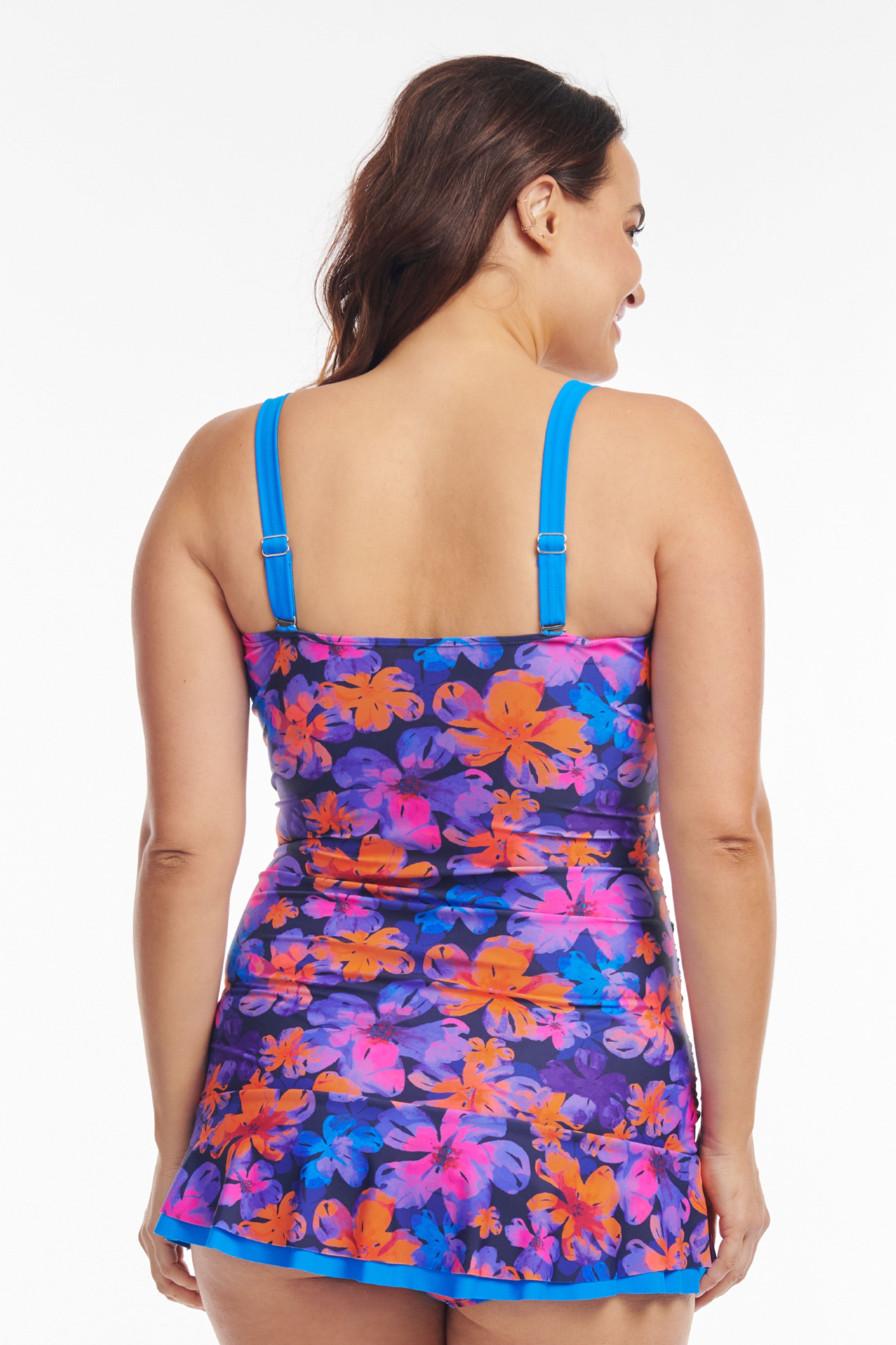 Plus Size Shirred One Piece Skater Swimdress in Iridescent Blooms - Flattering Swimwear for Women, Beach Vacation & Pool Party Outfit