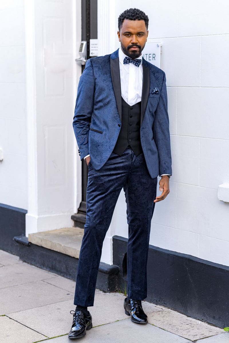 Simon Velvet Navy Blue Paisley 3 Piece Tuxedo Suit for Men - Formal Wedding, Prom & Evening Wear - Premium Slim Fit Suit with Jacket, Vest & Pants