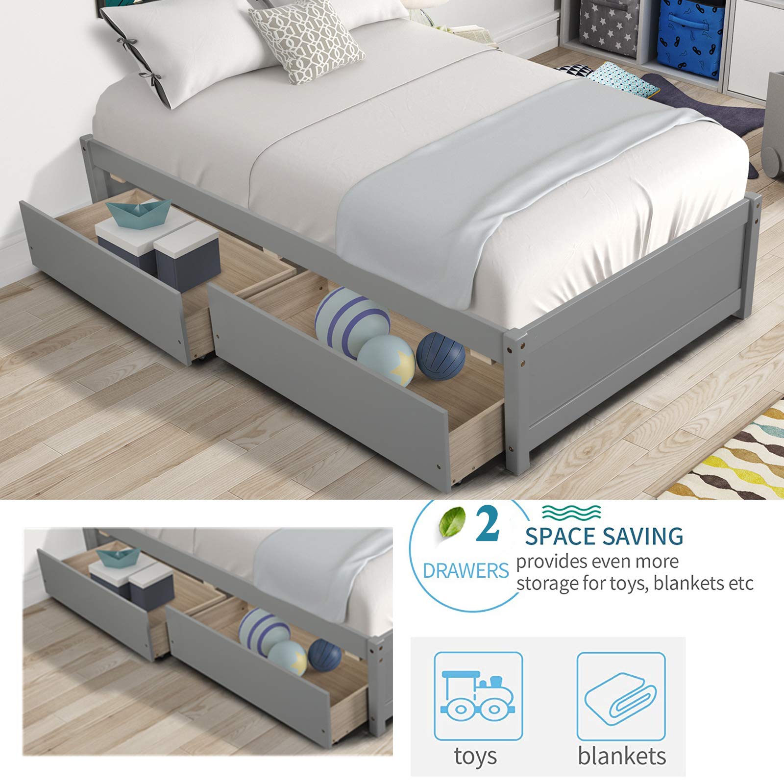 **Twin Size Wooden Platform Bed Frame with 2 Storage Drawers - Sturdy 10-Slat Support for Kids & Toddlers (Dark Grey) - No Box Spring Needed, Easy Assembly - Perfect for Small Bedrooms & Space-Saving Kids' Rooms**