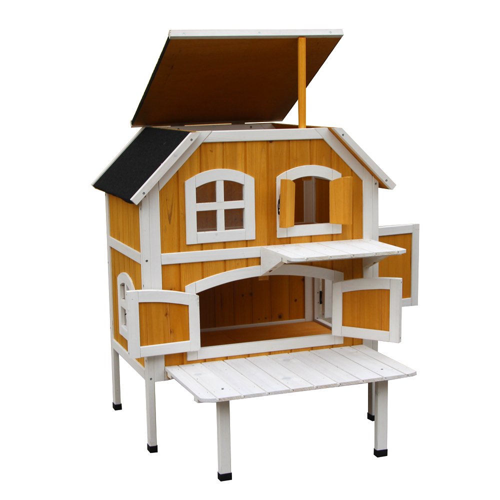 Premium Wooden Rabbit Hutch - Waterproof Cat Cottage & Small Animal Cage with 2 Tiers for Indoor/Outdoor Use - Cozy Pet Shelter for Rabbits, Cats, Dogs (Yellow & White) - Perfect for Backyard, Garden, or Home Decor