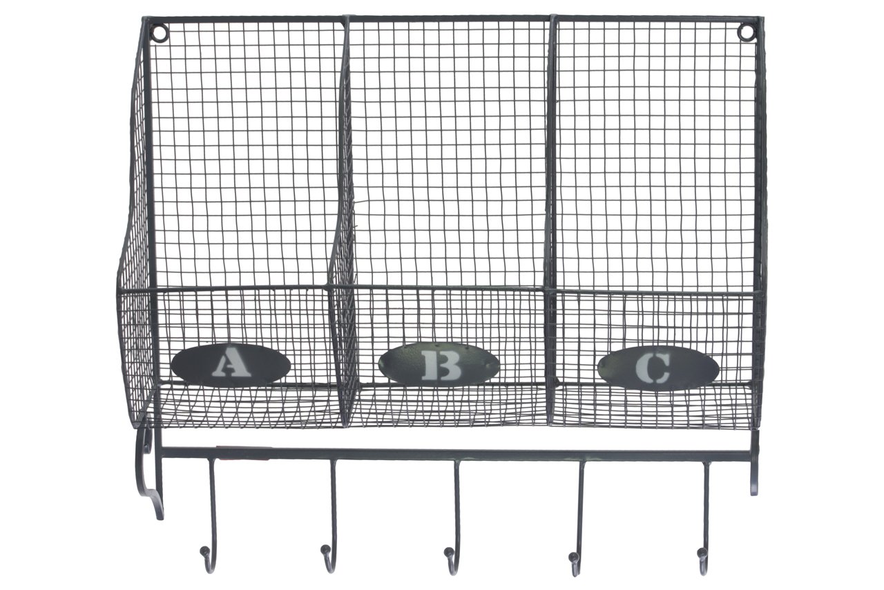 Gray Metal Wall Shelf with 3 Lettered Shelves & 5 Hooks - Rustic Industrial Storage for Entryway, Bathroom, Kitchen & Office Organization