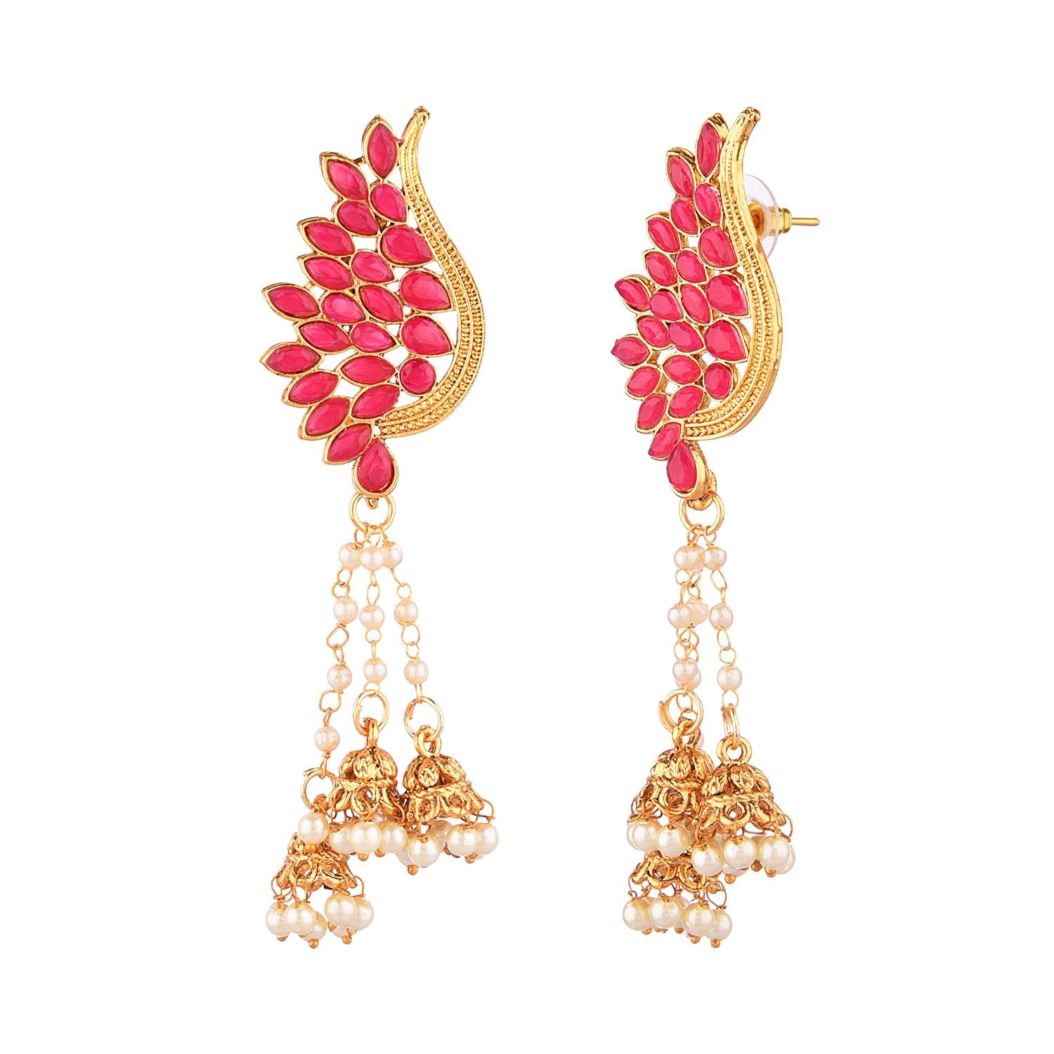 Efulgenz Indian Crystal Leaf Faux Pearl Tassel Jhumki Earrings Set for Women - Boho Dangle Earrings for Party, Wedding & Festival Jewelry