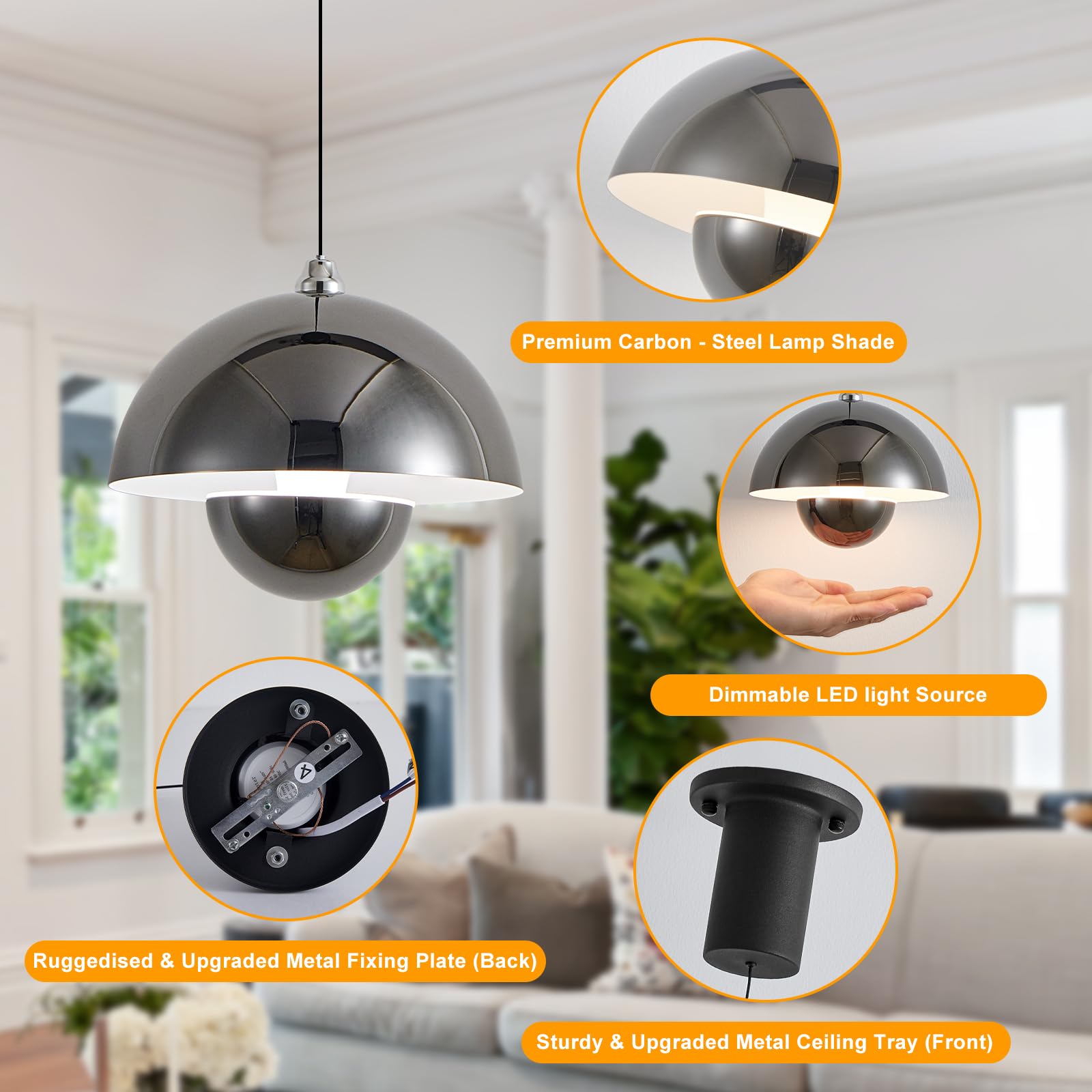 Modern Black Wireless LED Pendant Light for Kitchen Island - Rechargeable Battery Operated, 3-Color Touch Dimmable, No Wiring Needed, Height Adjustable - Perfect for Bedroom, Bedside & Dining Room Lighting