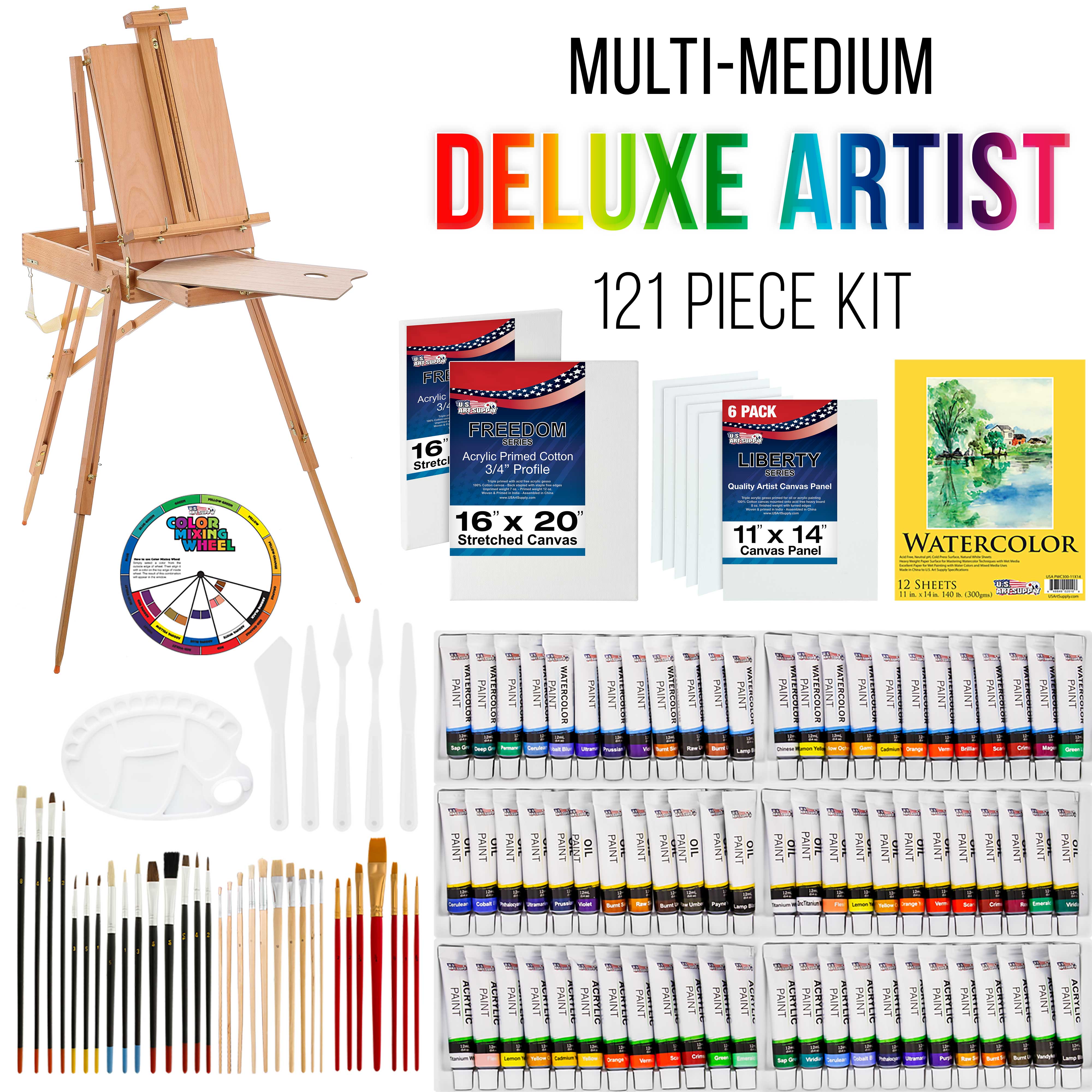121-Piece Professional Artist Painting Set with Field Sketch Box Easel - 72 Premium Paint Colors (24 Acrylic, 24 Oil, 24 Watercolor) + 8 Canvases & 32 Brushes - Perfect for Outdoor Sketching, Studio Painting & Art Classes