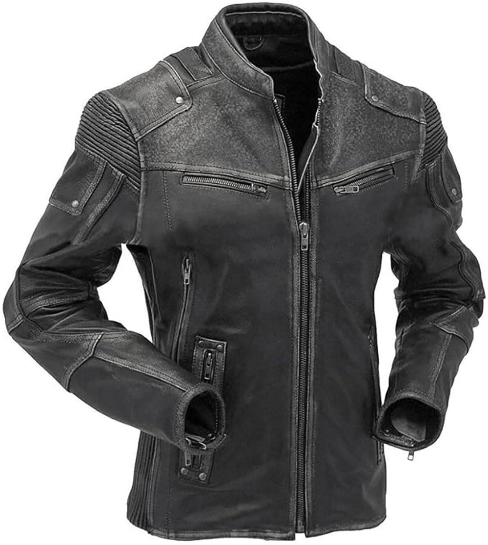 Men's Classic Black Distressed Real Leather Biker Jacket for Motorcycle Riding, Casual Outfits, and Night Out Events