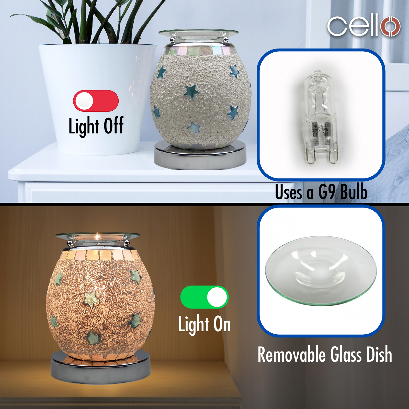 Cello Electric Wax Melter with Touch Control - Mosaic Blue Star Design for Aromatherapy & Home Fragrance