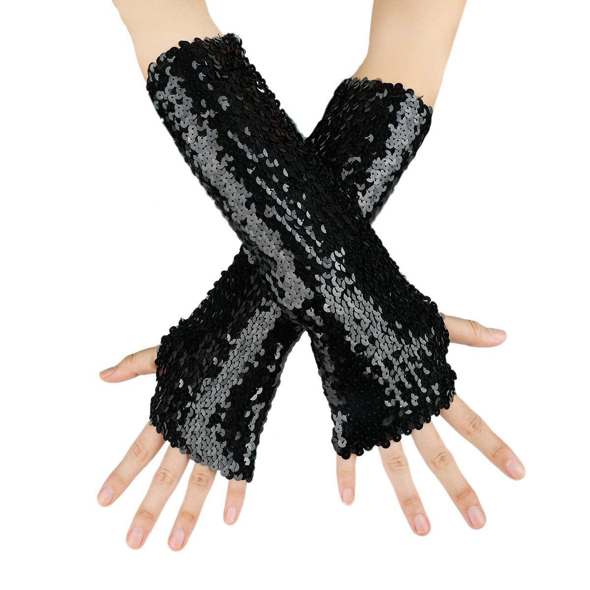 JISEN Shiny Sequins Arm Warmers Fingerless Gloves - Sparkling Dance Accessories for Performances, Cosplay & Winter Fashion