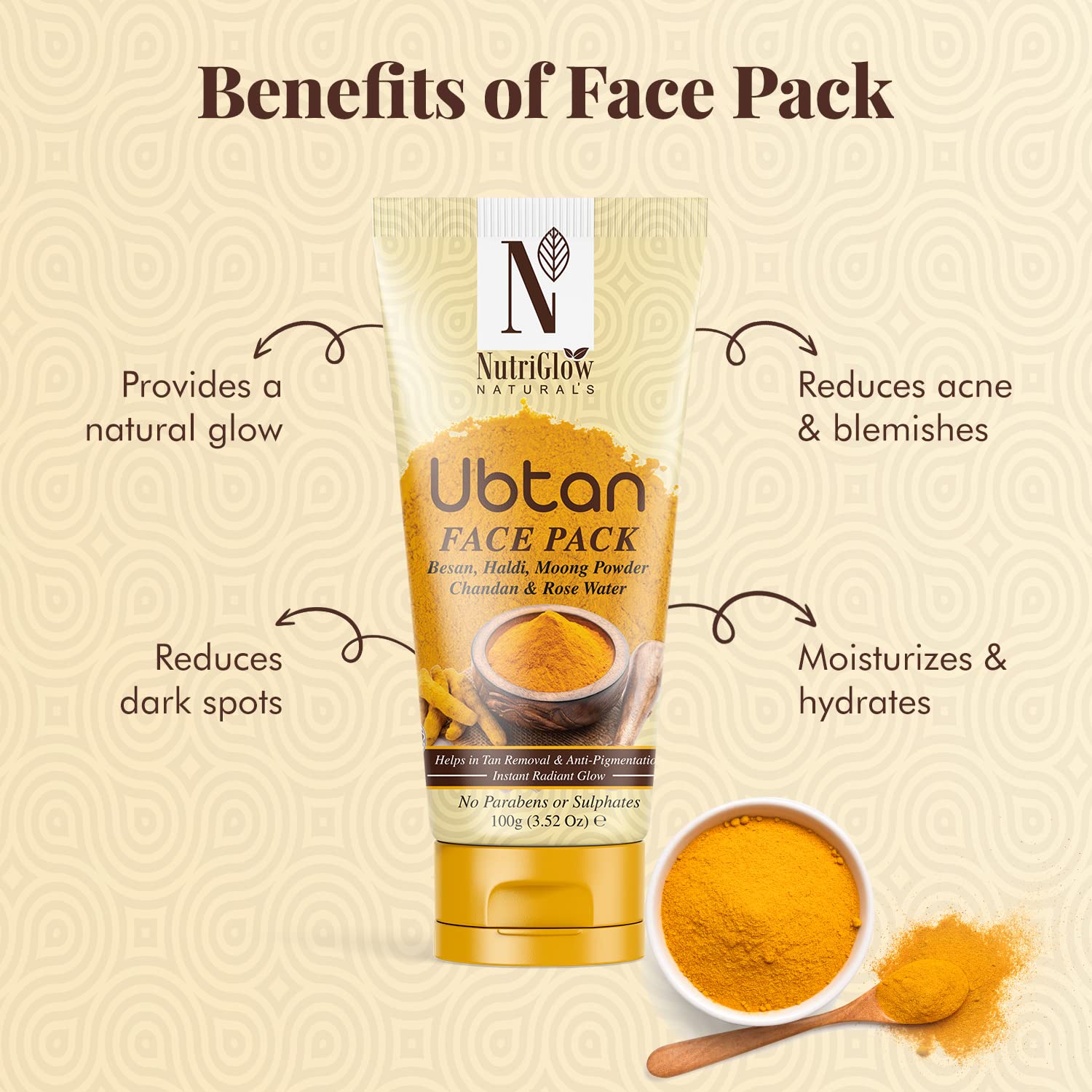 NutriGlow Natural Ubtan Face & Body Pack with Turmeric & Sandalwood for Glowing Skin - 100g | Ayurvedic Skincare for Brightening, Exfoliation & Radiance | Perfect for Bridal Prep, Daily Glow & Spa Days