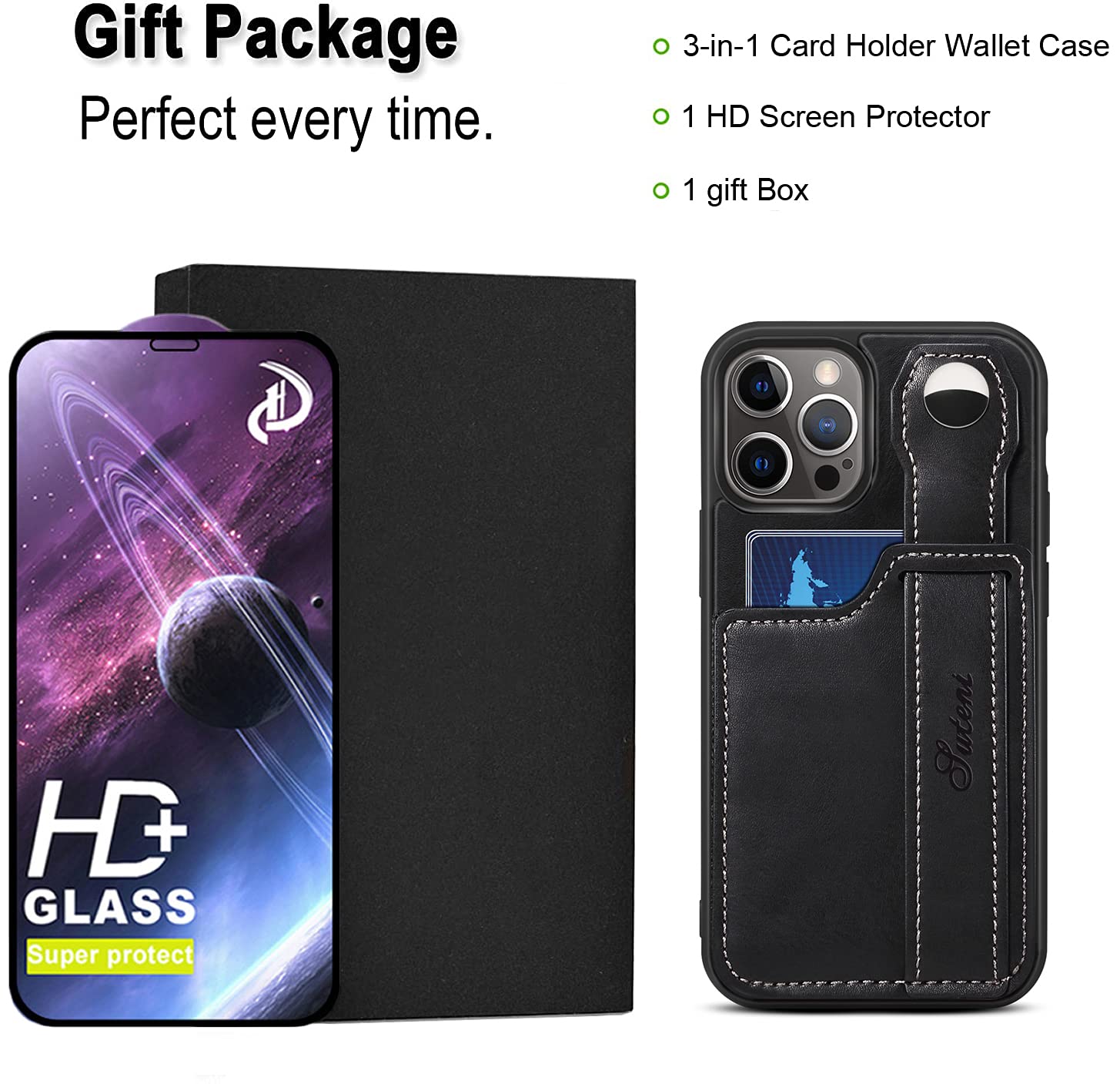 Premium Leather iPhone 12/12 Pro Wallet Case with Card Holder & Kickstand | 6.1 Inch Protective Cover with Built-in Screen Protector & Wrist Strap | Slim RFID Blocking Design for Everyday Use, Travel & Business (Black)