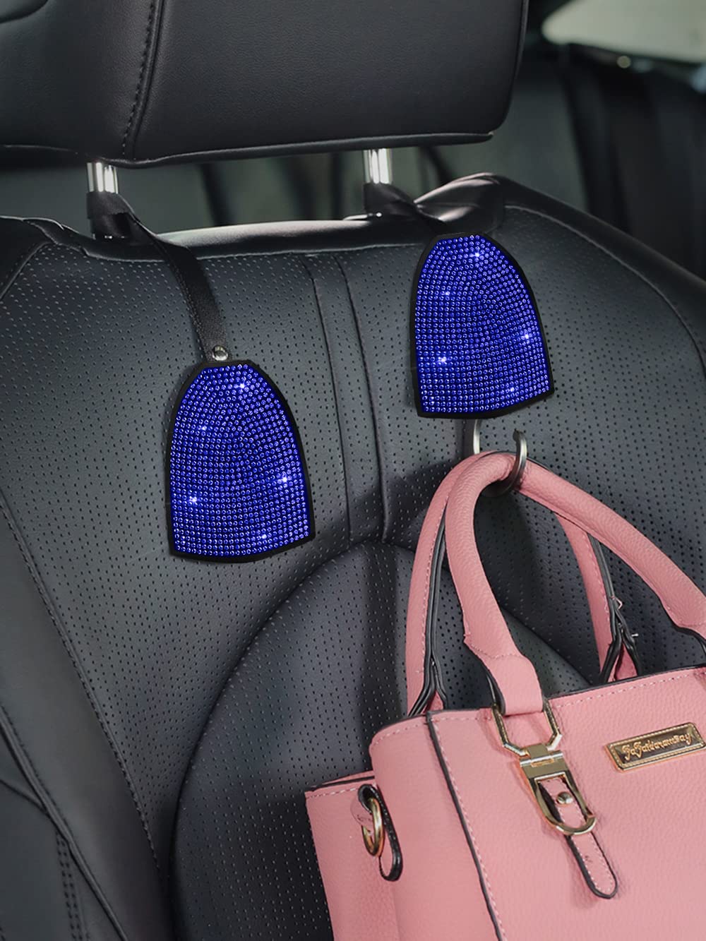 2-Pack Shining Bling Car Back Seat Headrest Hooks - Crystal Diamond Car Decor Accessories for Women - Universal Fit Hidden Hanger (Blue) - Perfect for Organizing Purses, Masks & Shopping Bags in Your Vehicle
