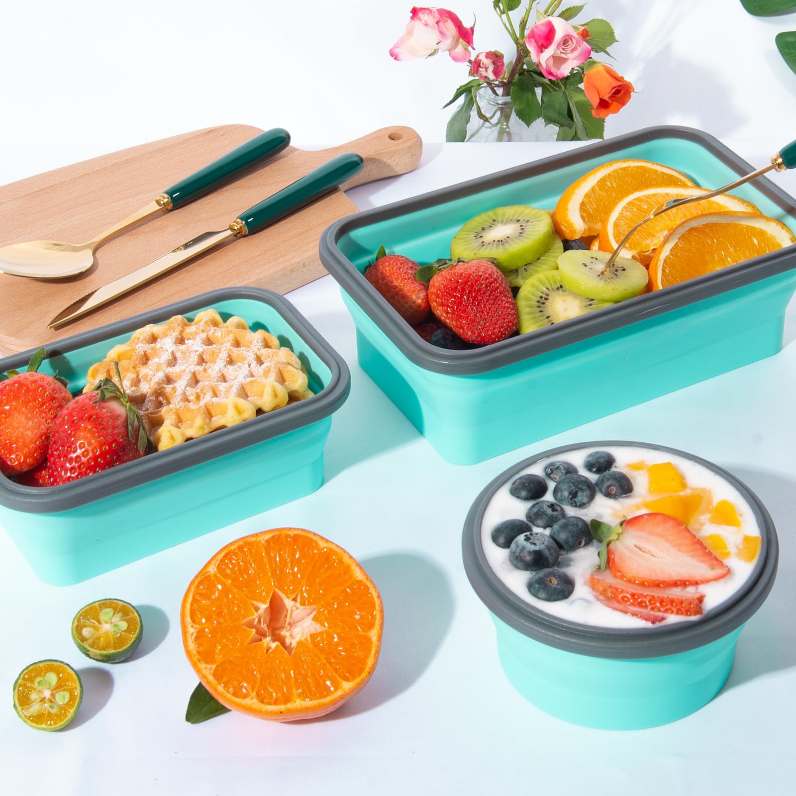 8 Pack Collapsible Food Storage Containers with Lids - Reusable Silicone Collapsible Bowls for Camping, RV, Travel Trailer, Picnic & Meal Prep (Mixed Sizes) - Space Saving Kitchen & Outdoor Storage Solution