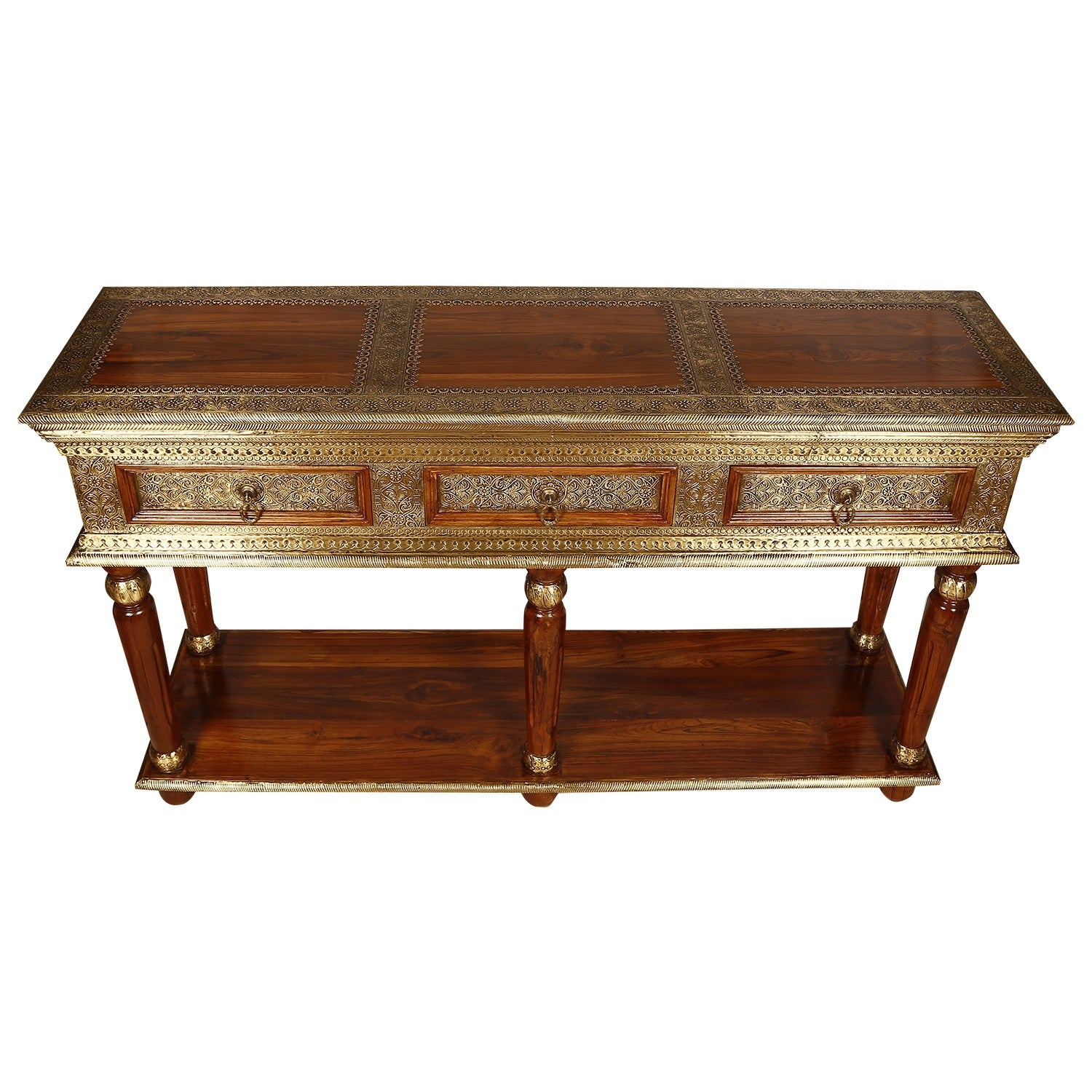 Antique Brass Embossed Console Table with 3 Drawers - Elegant Entryway Furniture for Living Room, Hallway & Office Decor