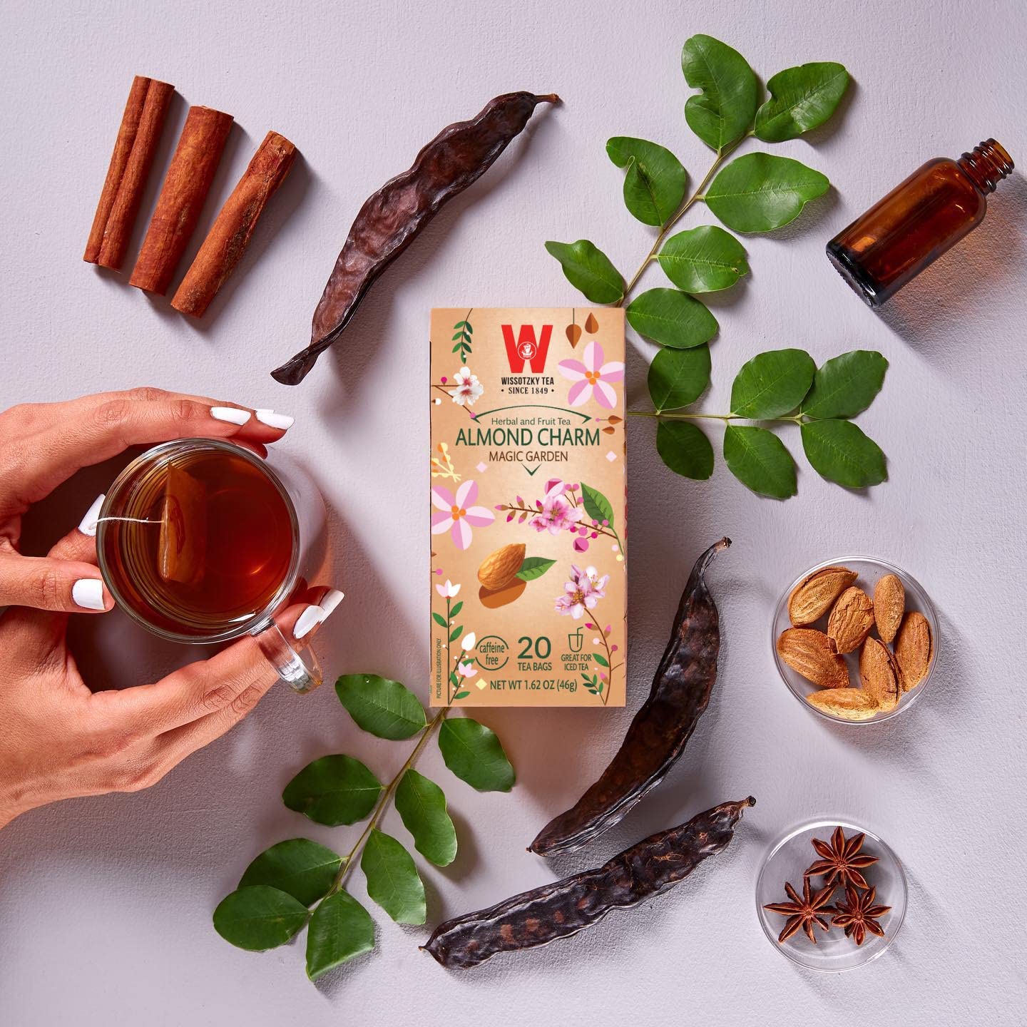 Wissotzky Almond Charm Herbal Tea Bags - 4 Pack (80 Bags Total) | Caffeine-Free, Premium Fruit & Herbal Infusion | Perfect for Relaxation, Afternoon Tea & Gift Giving