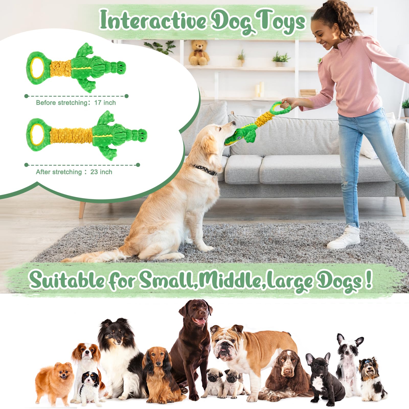 Durable Large Dog Toys - Plush Squeaky Chew Toy with Crinkle Paper & Tug Rope Handle | Interactive Puppy Toys for Small, Medium, Large Breed Dogs | Perfect for Indoor Play, Training & Bonding Time