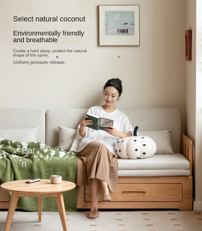 Solid Oak Wood Sofa Bed with Folding & Retractable Storage | Convertible Sleeper for Small Spaces, Guest Rooms & Apartments