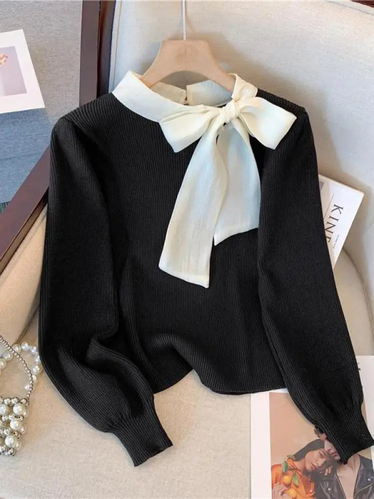 Elegant Black Patchwork Bow Collar Women's Knit Sweater - Korean Chic Slim Fit Long Sleeve Pullover Top for Office Ladies | Fall Winter Fashion | Perfect for Work, Dating & Casual Outings
