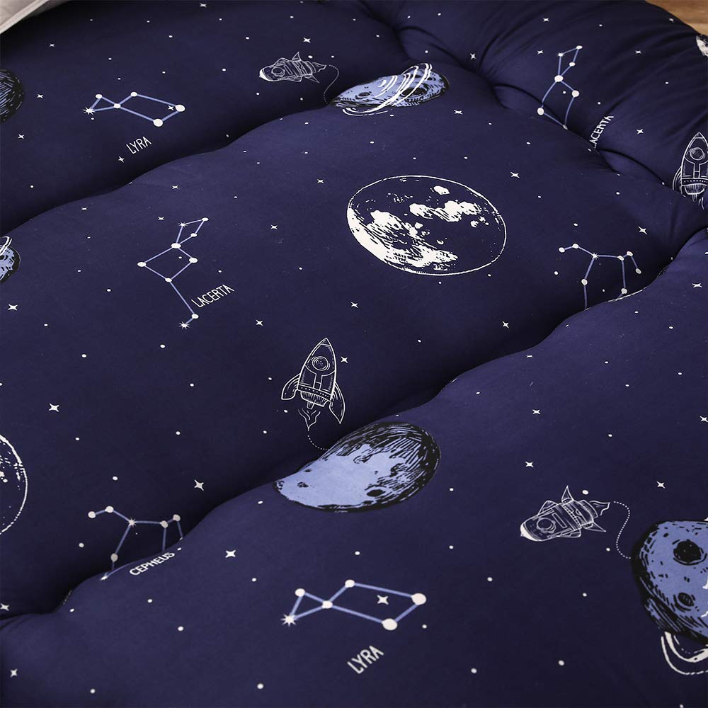 Navy Space Adventure Japanese Floor Futon Mattress - Thick Tatami Mat Sleeping Pad, Foldable Bed Roll for Kids & Adults - Twin Size Floor Lounger for Bedroom, Living Room & Travel