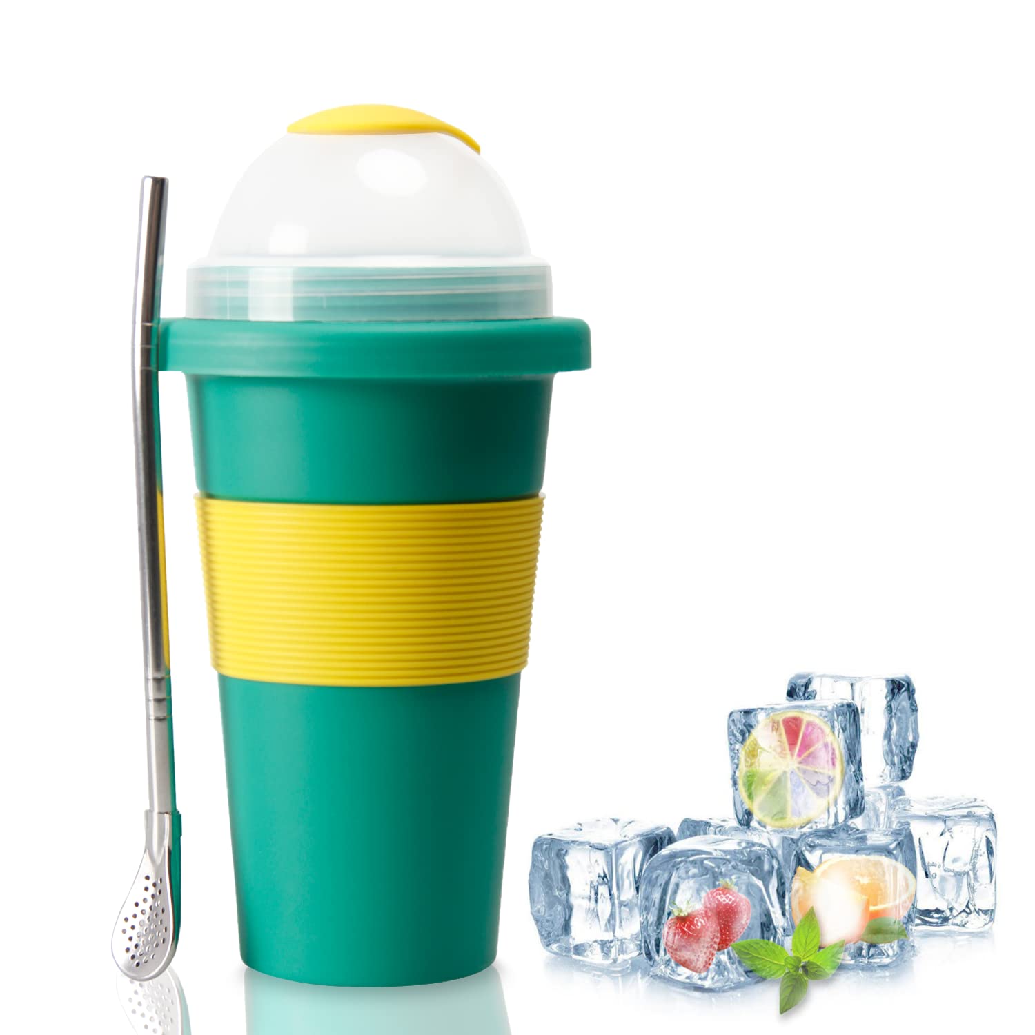 10 oz Green Slushy Maker Cup - Compact Stainless Steel Ice Cream Maker for Single-Serving Slushies, Smoothies & Milkshakes with Spoon Straw | Perfect for Summer Parties, Kids Treats & DIY Frozen Drinks at Home